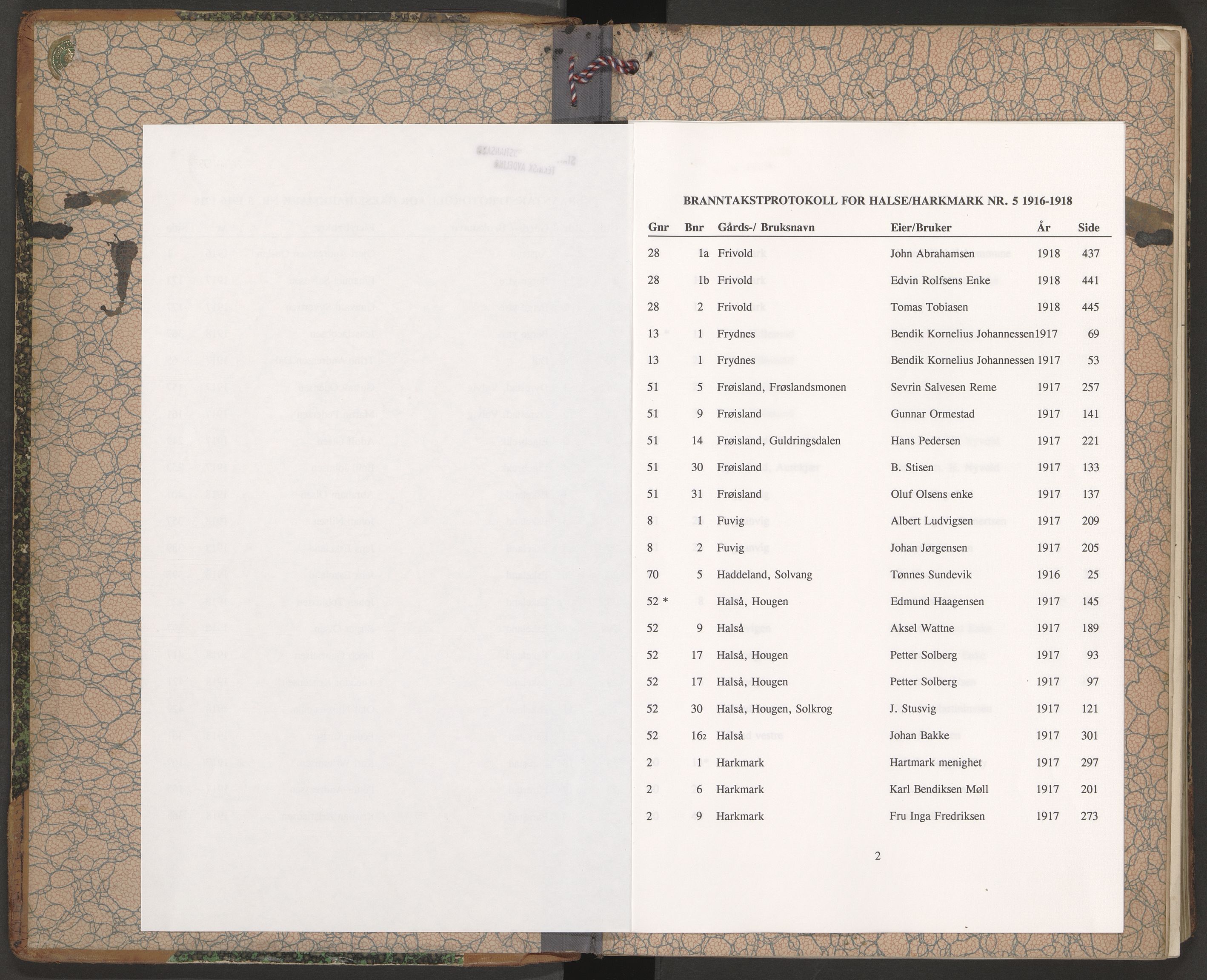 Norges Brannkasse Halse og Harkmark, AV/SAK-2241-0020/F/Fa/L0005: Branntakstprotokoll nr. 5 med gårdsnavnregister, 1916-1918