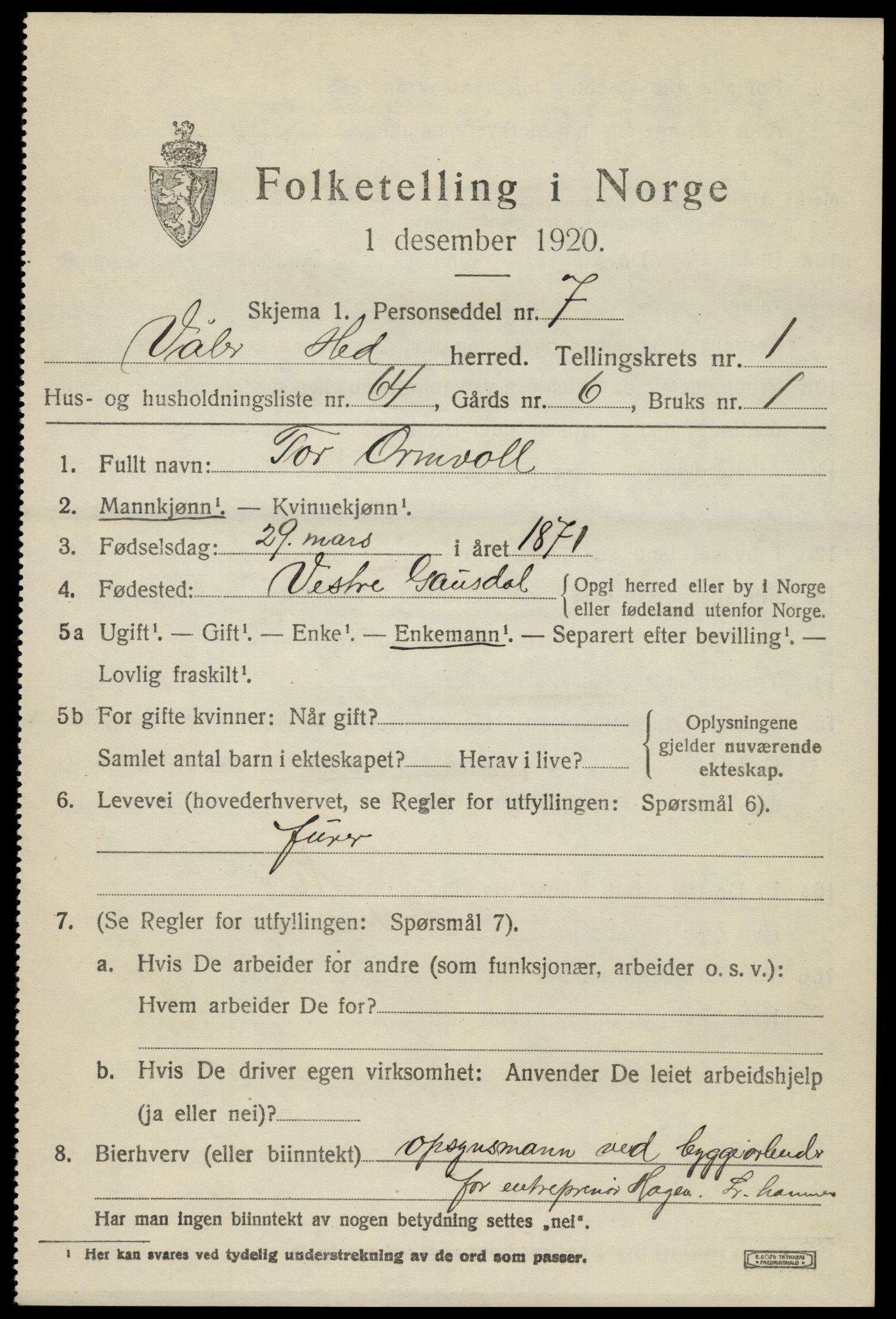 SAH, 1920 census for Våler (Hedmark), 1920, p. 2445