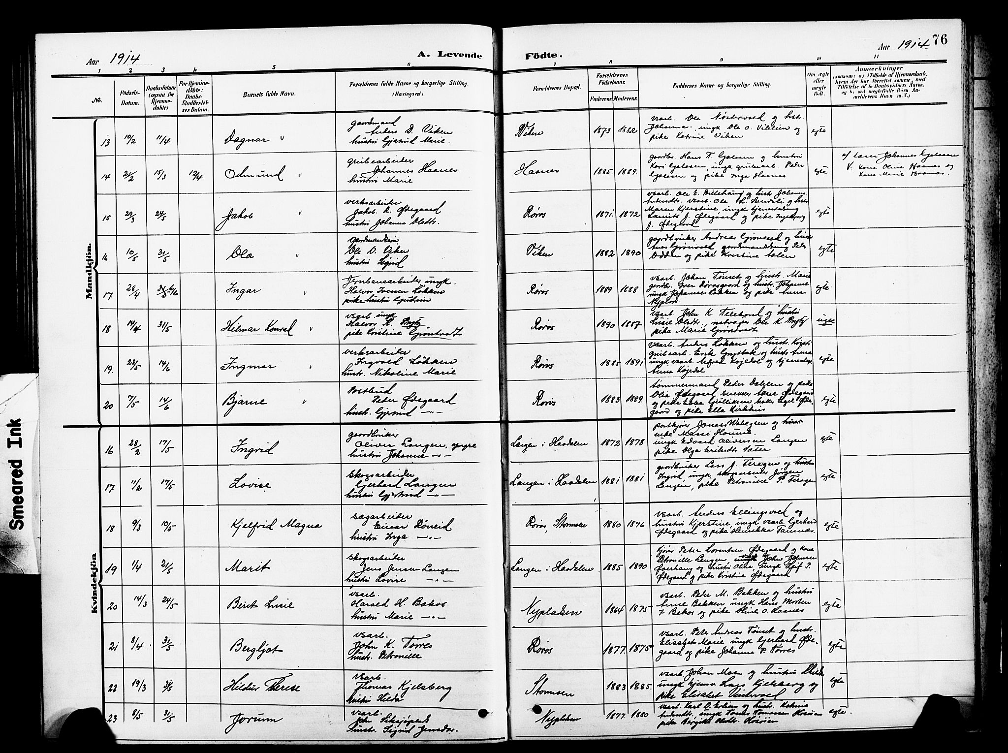 Ministerialprotokoller, klokkerbøker og fødselsregistre - Sør-Trøndelag, SAT/A-1456/681/L0942: Parish register (copy) no. 681C06, 1906-1925, p. 76