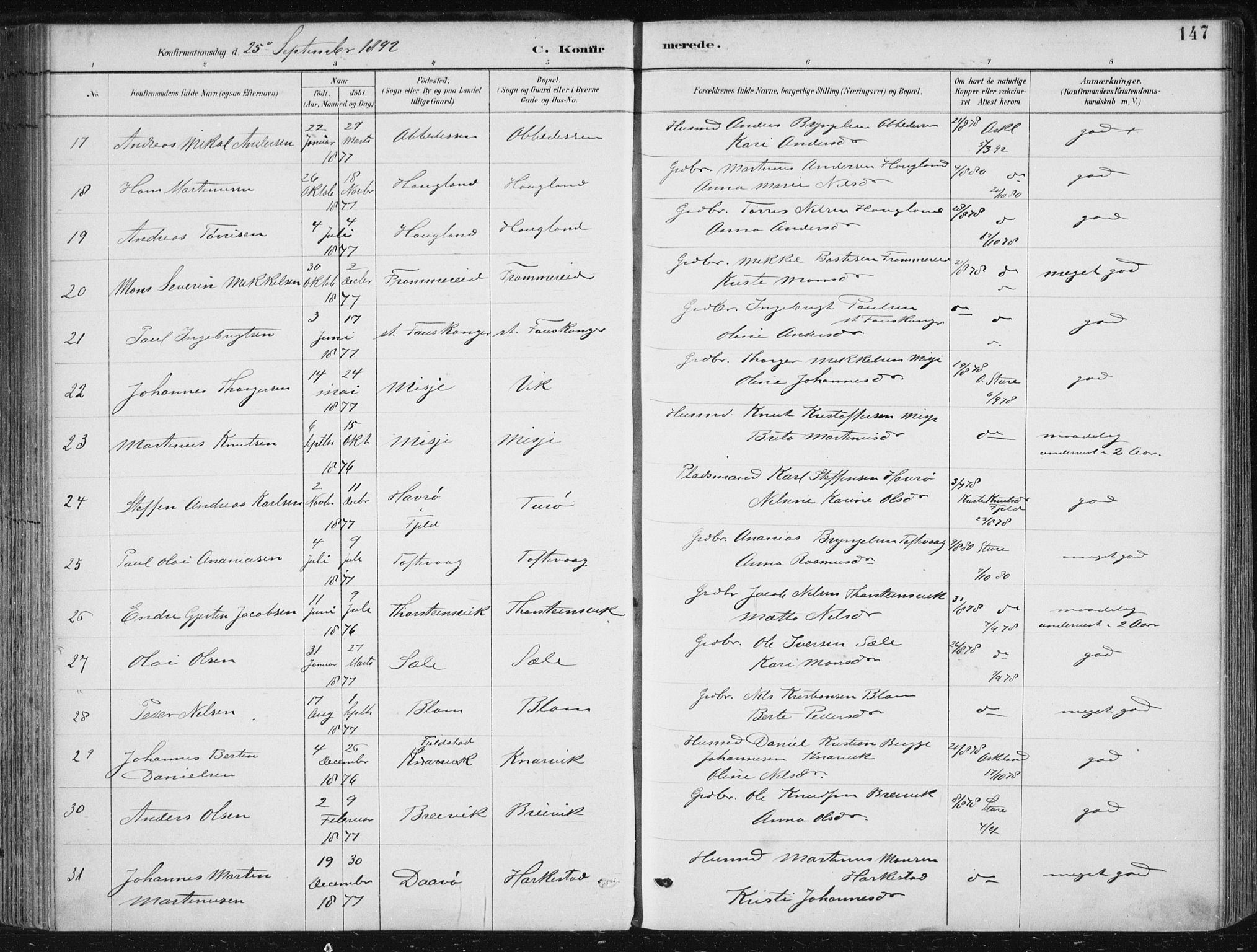 Herdla Sokneprestembete, SAB/A-75701/H/Haa: Parish register (official) no. A 4, 1891-1905, p. 147