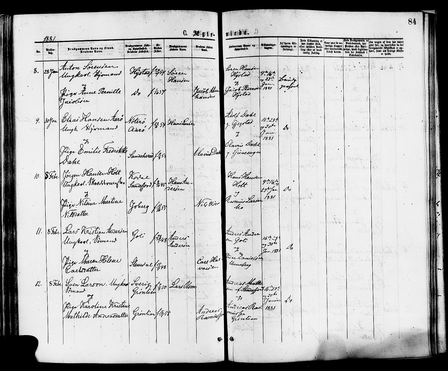 Sandar kirkebøker, SAKO/A-243/F/Fa/L0011: Parish register (official) no. 11, 1872-1882, p. 84
