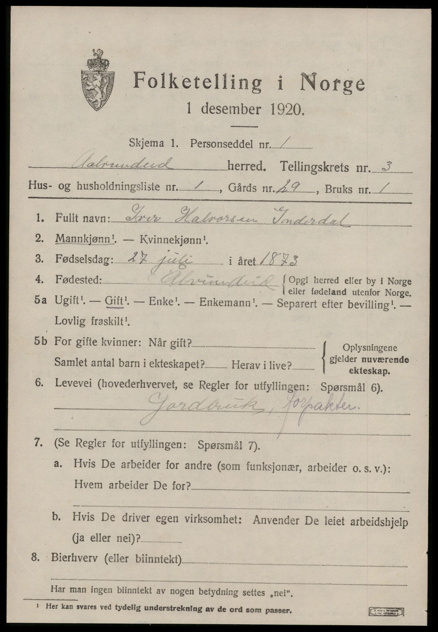 SAT, 1920 census for Ålvundeid, 1920, p. 804