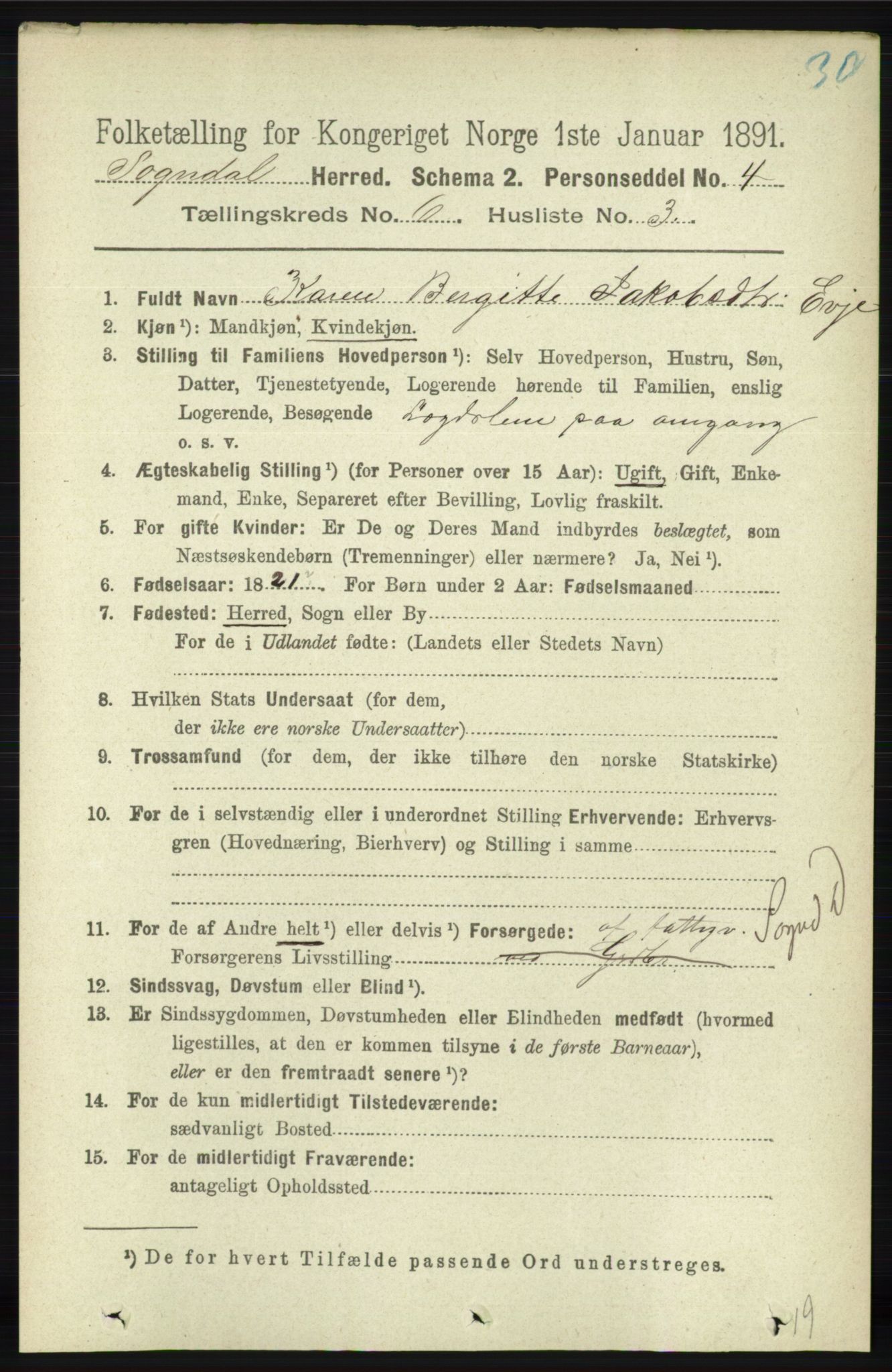 RA, 1891 census for 1111 Sokndal, 1891, p. 1654