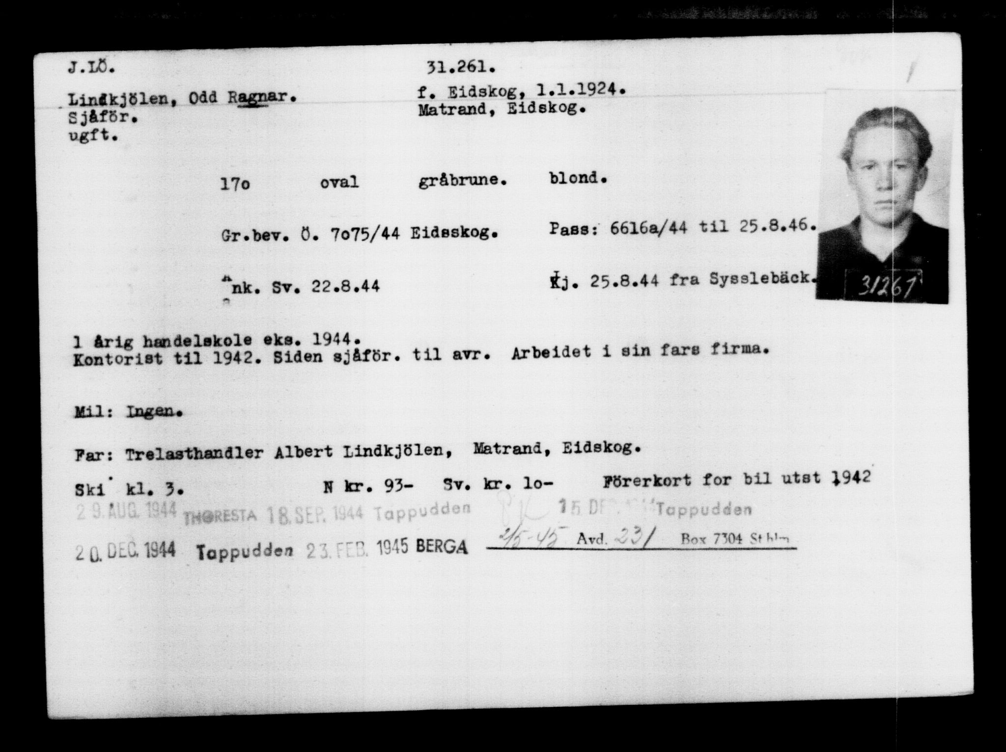 Utenriksstasjonene, Legasjonen i Stockholm, Flyktningkontoret, AV/RA-S-6753/V/Va/L0012: Kjesäterkartoteket, flyktninger med registreringsnr. 28300-31566, 1940-1945, p. 3208