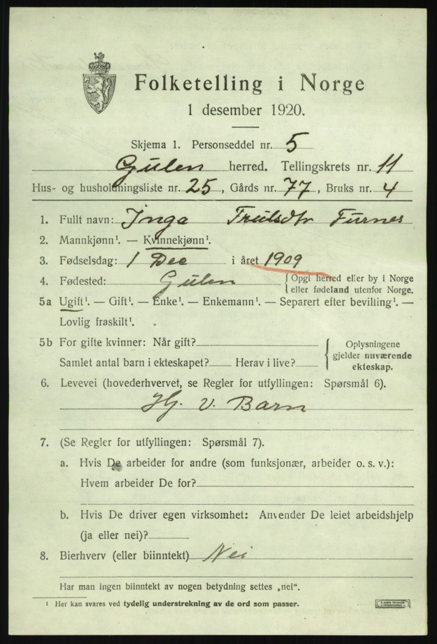 SAB, 1920 census for Gulen, 1920, p. 5249