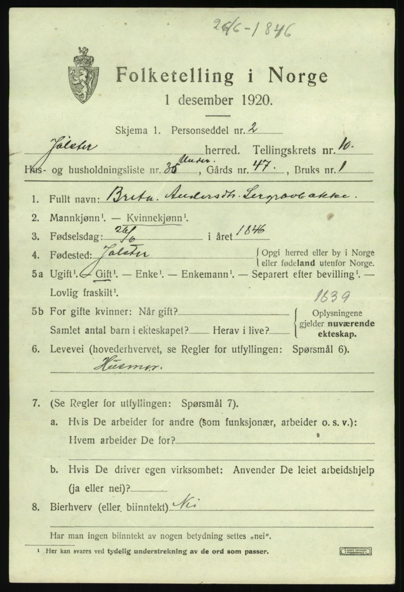 SAB, 1920 census for Jølster, 1920, p. 5050