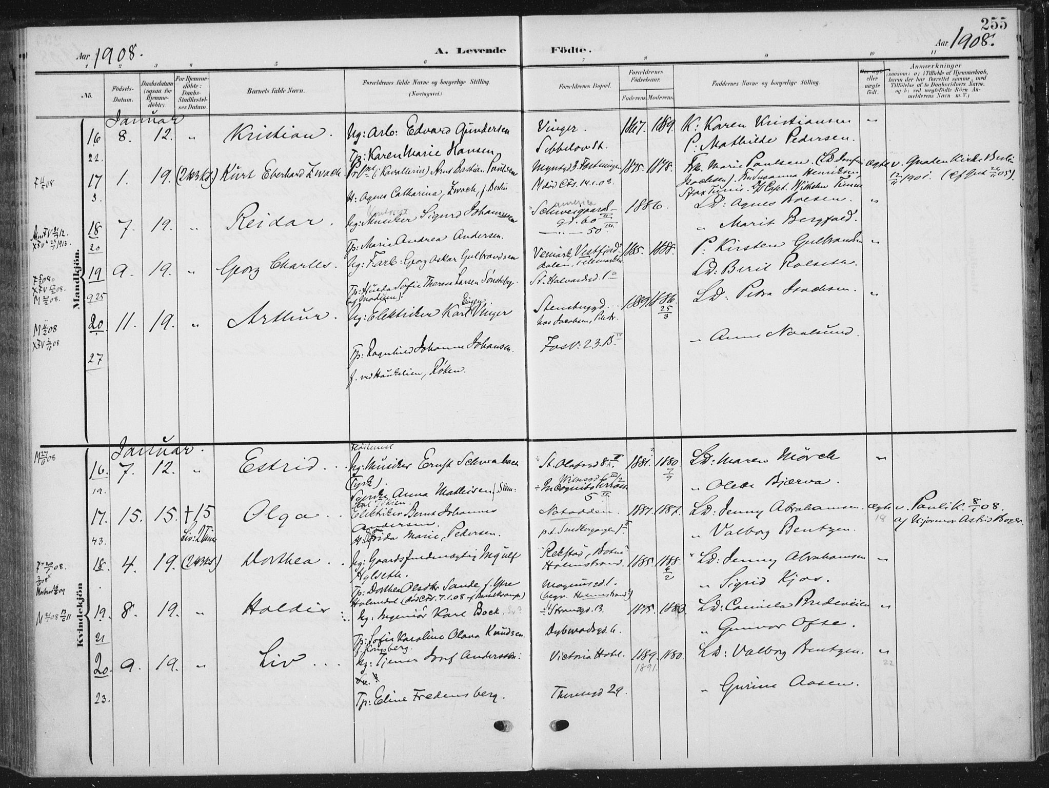 Rikshospitalet prestekontor Kirkebøker, AV/SAO-A-10309b/F/L0013: Parish register (official) no. 13, 1905-1908, p. 255