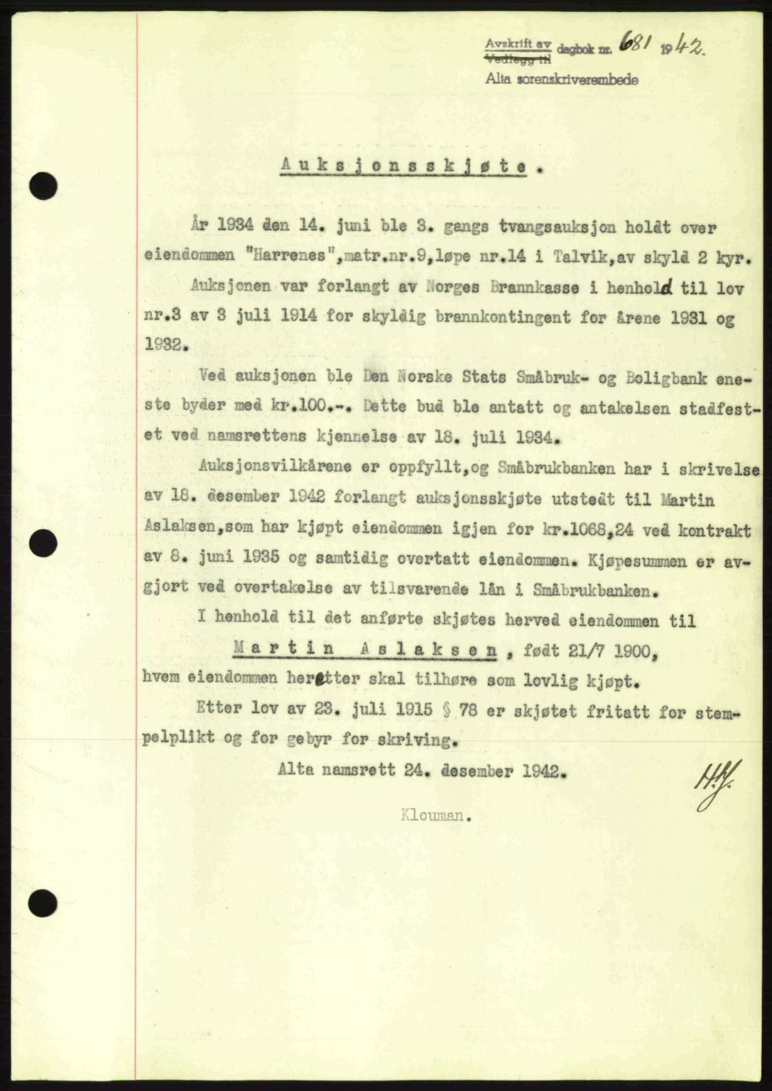 Alta fogderi/sorenskriveri, SATØ/SATØ-5/1/K/Kd/L0033pantebok: Mortgage book no. 33, 1940-1943, Diary no: : 681/1942