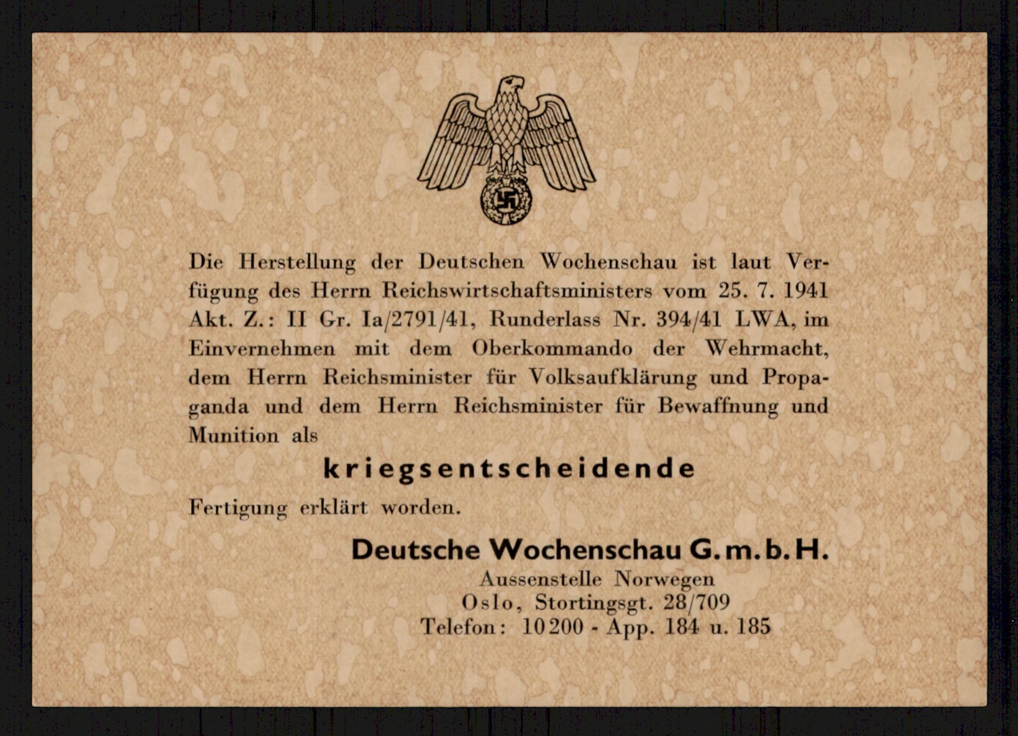 Tyske arkiver, Reichskommissariat, AV/RA-RAFA-2174/E/Ei/L0002/0004: Dokumentsamling / Dokumenter etter Hans Winterfeldt, Deutsche Wochenschau , 1942-1944, p. 724