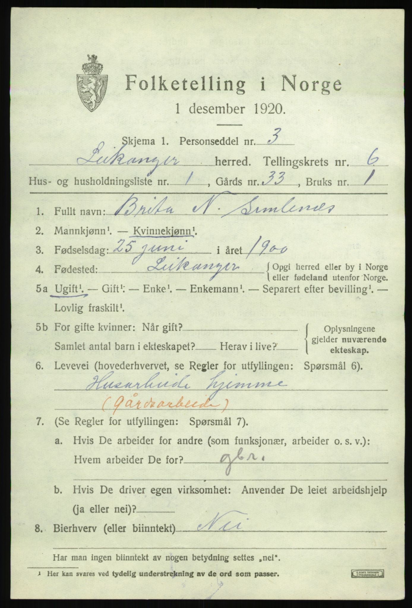 SAB, 1920 census for Leikanger, 1920, p. 3818