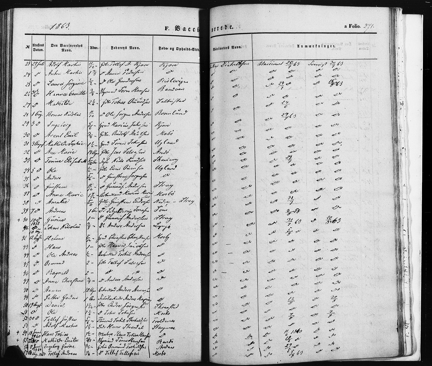 Oddernes sokneprestkontor, SAK/1111-0033/F/Fa/Faa/L0007: Parish register (official) no. A 7, 1851-1863, p. 271