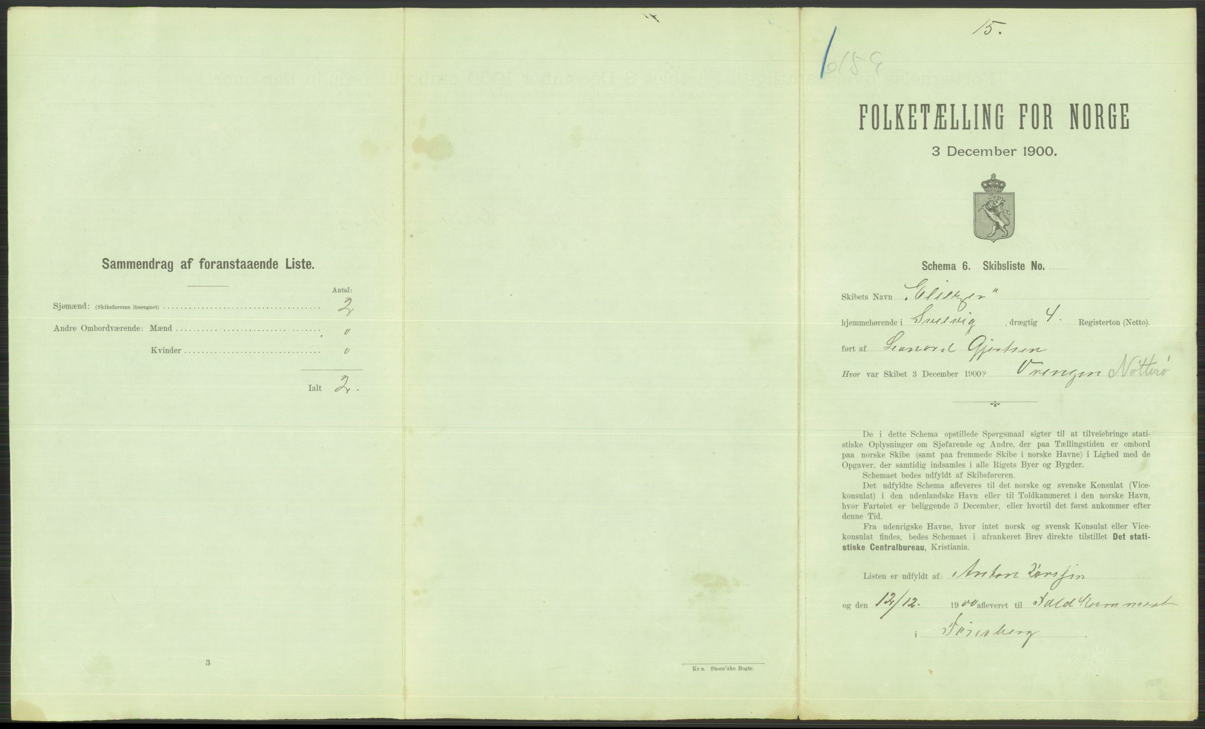 RA, 1900 Census - ship lists from ships in Norwegian harbours, harbours abroad and at sea, 1900, p. 495