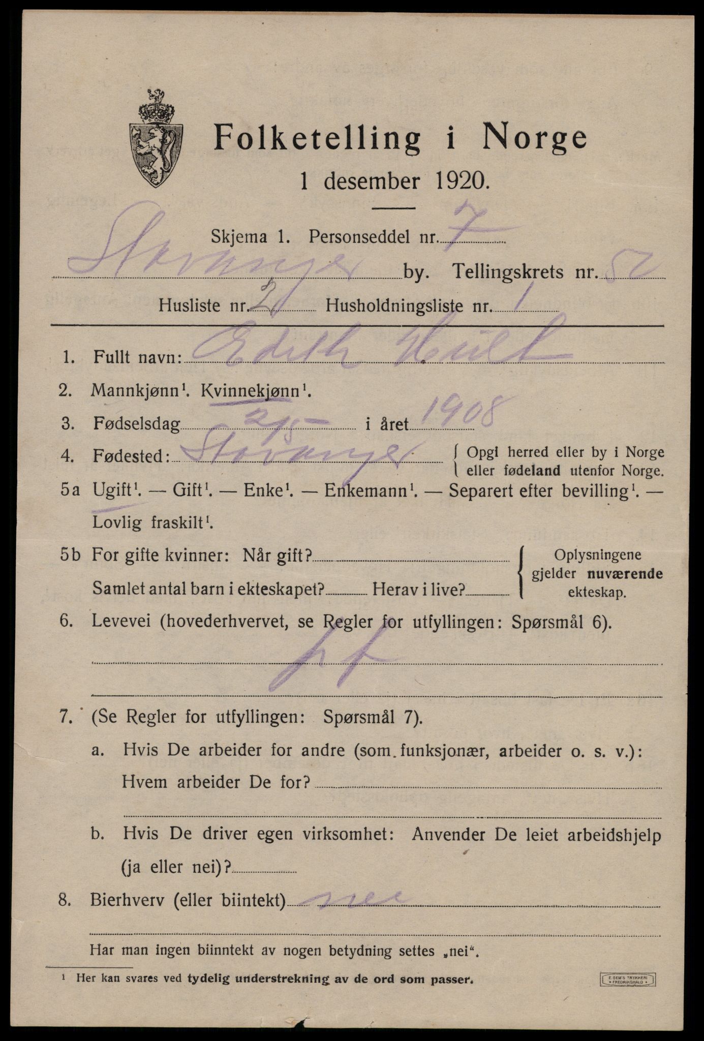 SAST, 1920 census for Stavanger, 1920, p. 119890