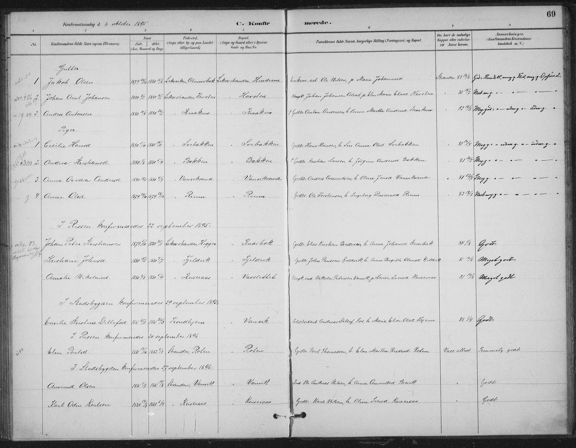 Ministerialprotokoller, klokkerbøker og fødselsregistre - Nord-Trøndelag, AV/SAT-A-1458/702/L0023: Parish register (official) no. 702A01, 1883-1897, p. 69