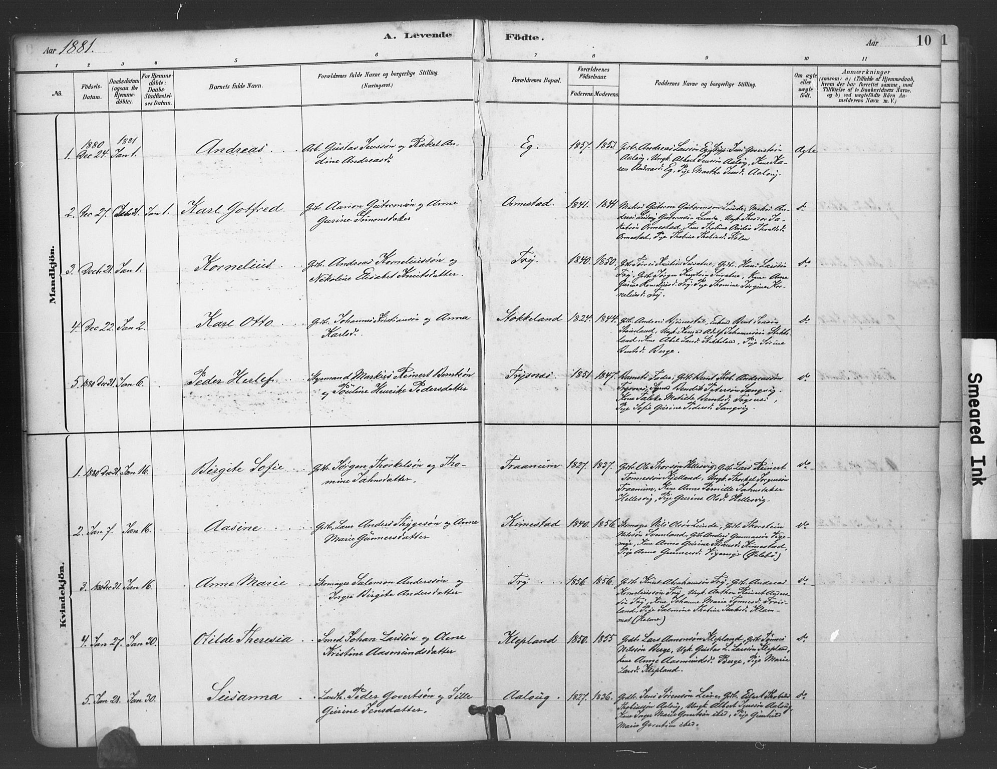 Søgne sokneprestkontor, AV/SAK-1111-0037/F/Fa/Fab/L0012: Parish register (official) no. A 12, 1880-1891, p. 10