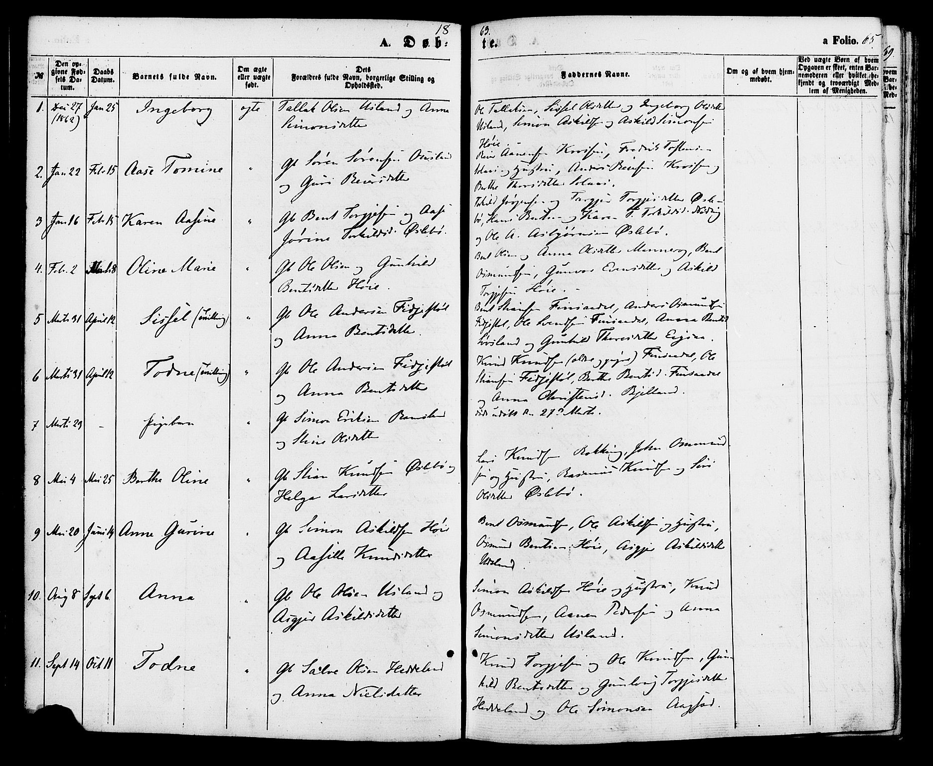 Holum sokneprestkontor, SAK/1111-0022/F/Fa/Fac/L0003: Parish register (official) no. A 3, 1860-1883, p. 65