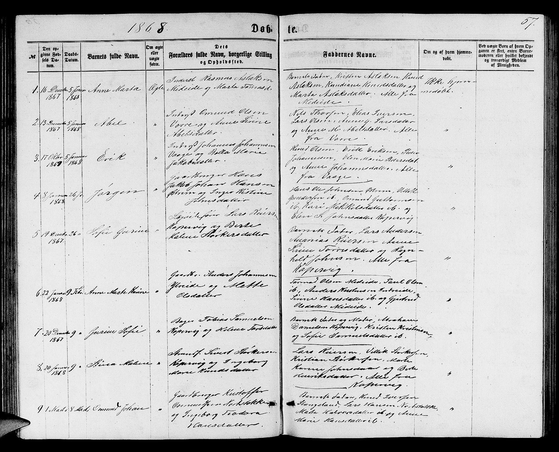 Avaldsnes sokneprestkontor, SAST/A -101851/H/Ha/Hab/L0004: Parish register (copy) no. B 4, 1861-1876, p. 57