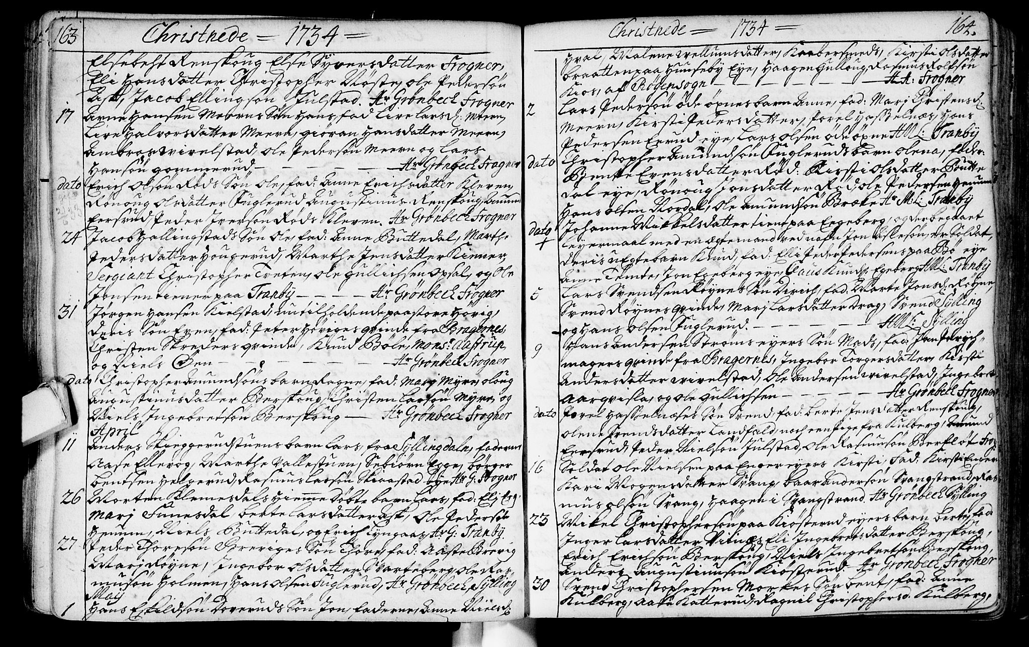 Lier kirkebøker, AV/SAKO-A-230/F/Fa/L0003: Parish register (official) no. I 3, 1727-1748, p. 163-164