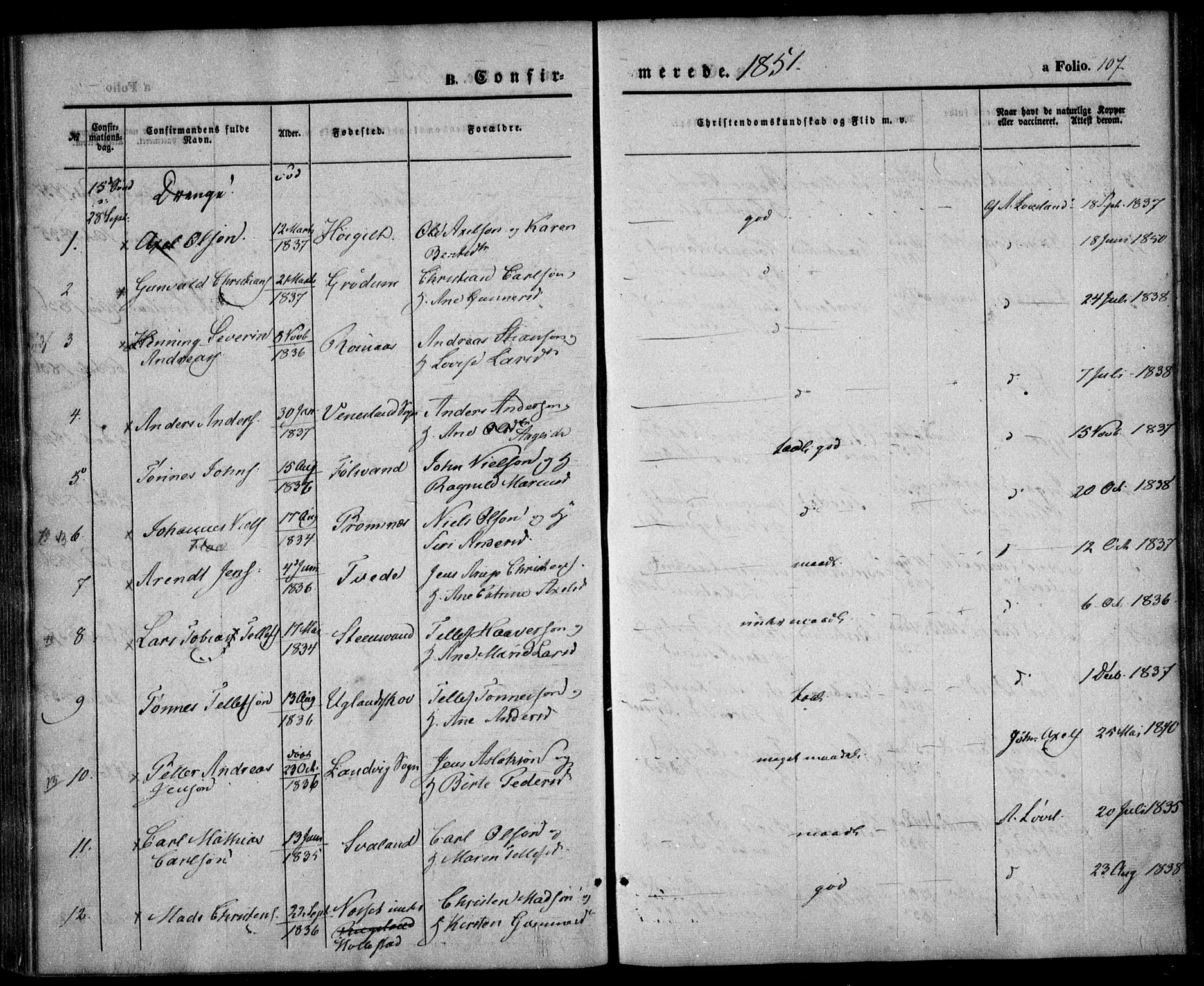 Birkenes sokneprestkontor, AV/SAK-1111-0004/F/Fa/L0003: Parish register (official) no. A 3, 1850-1866, p. 107