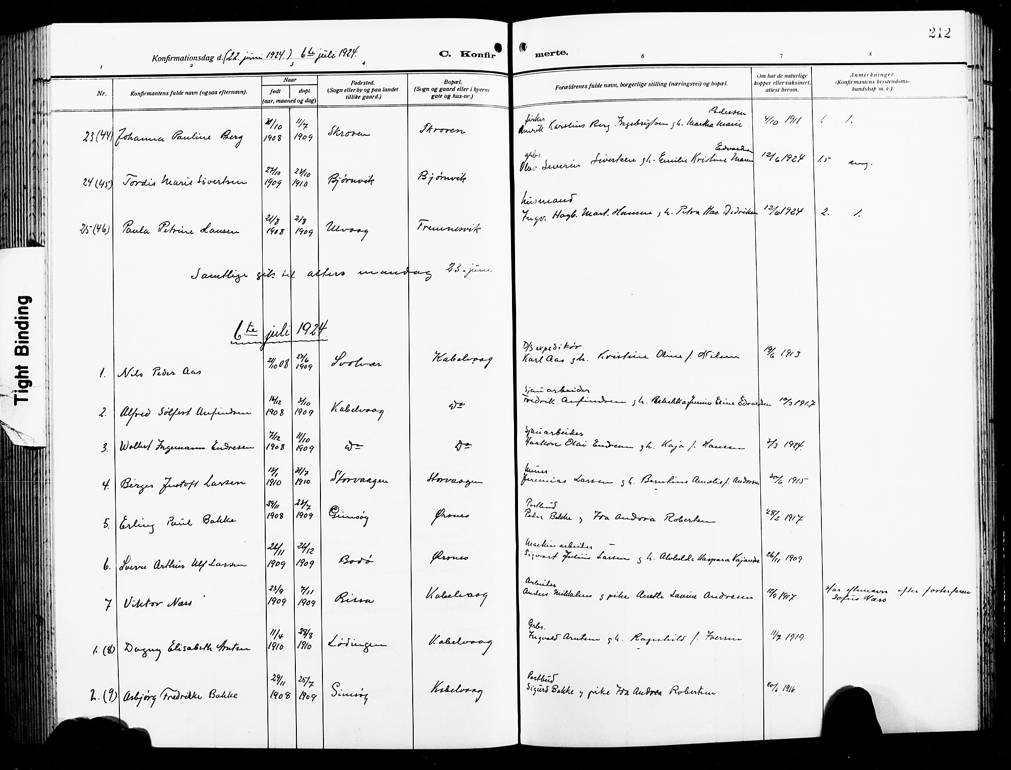 Ministerialprotokoller, klokkerbøker og fødselsregistre - Nordland, AV/SAT-A-1459/874/L1080: Parish register (copy) no. 874C09, 1915-1925, p. 212