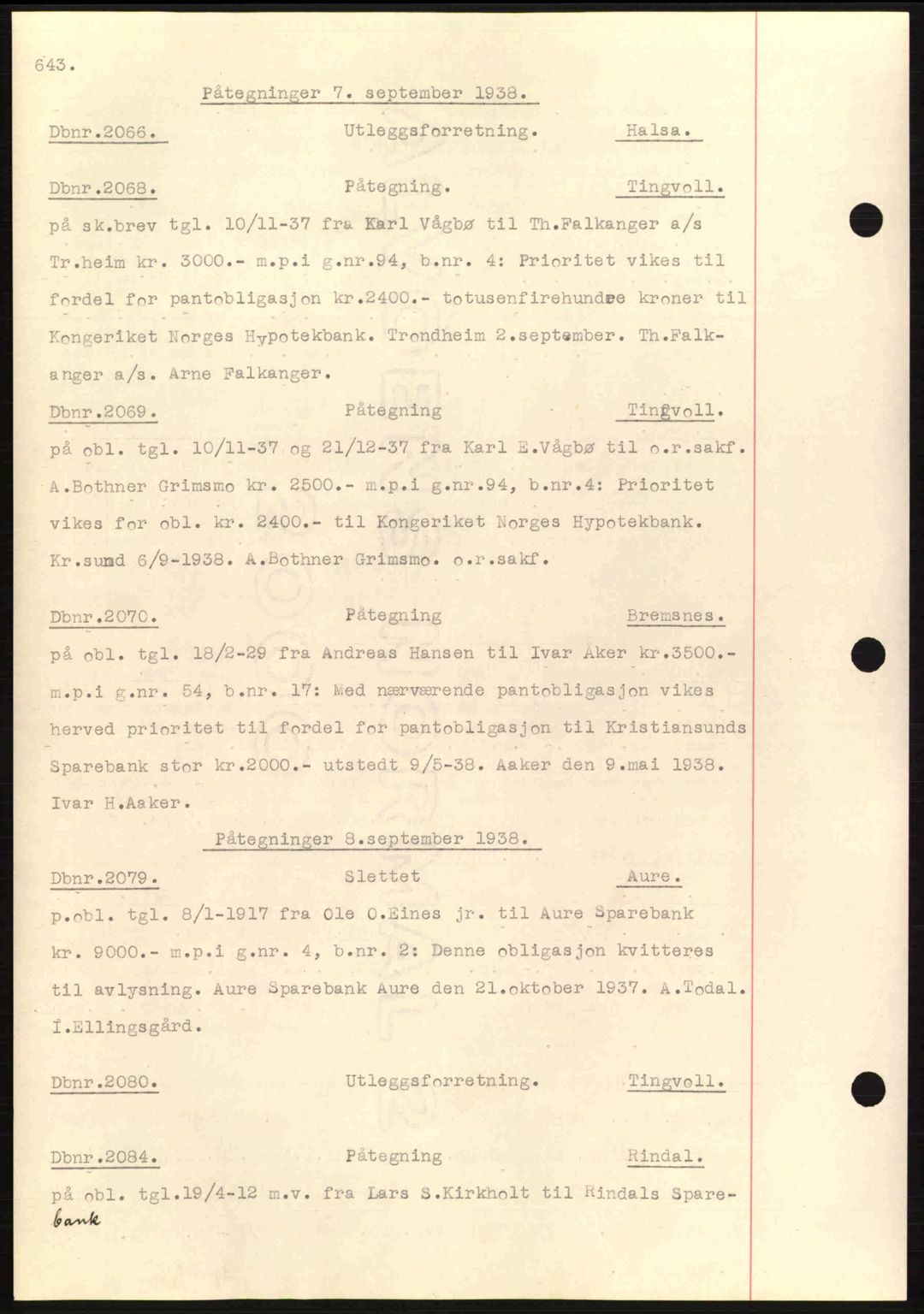 Nordmøre sorenskriveri, AV/SAT-A-4132/1/2/2Ca: Mortgage book no. C80, 1936-1939, Diary no: : 2066/1938