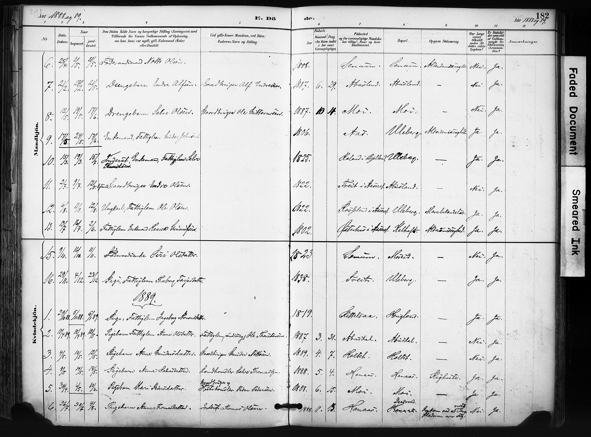 Evje sokneprestkontor, SAK/1111-0008/F/Fa/Fab/L0003: Parish register (official) no. A 3, 1884-1909, p. 182