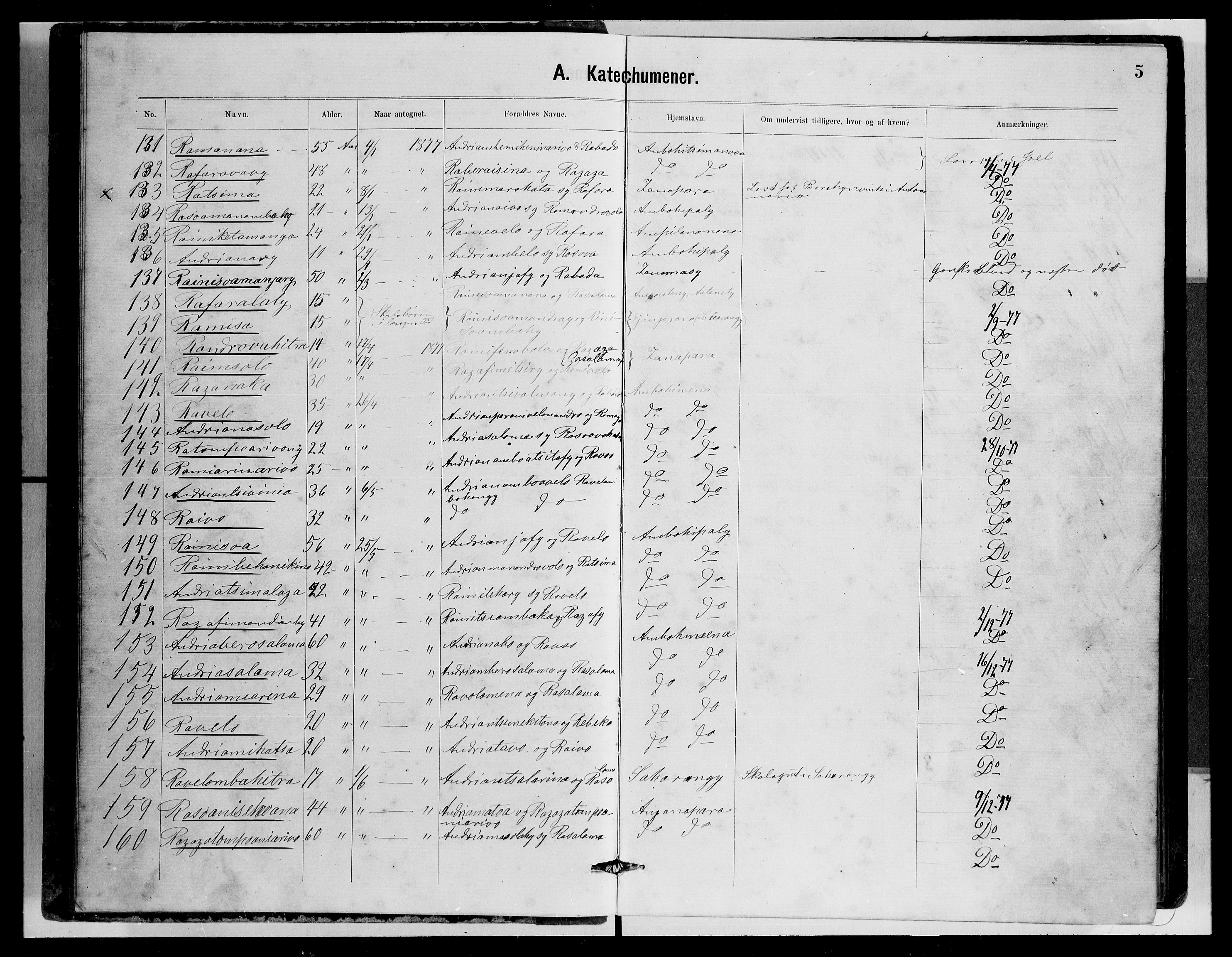 Archives FLM/NMS, Madagaskar, VID/MA-A-1163/D/Db/L0269: Parish register (official) no. 1, 1867-1884, p. 5