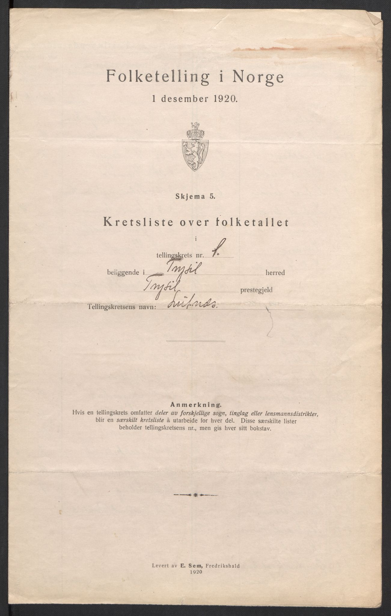 SAH, 1920 census for Trysil, 1920, p. 6