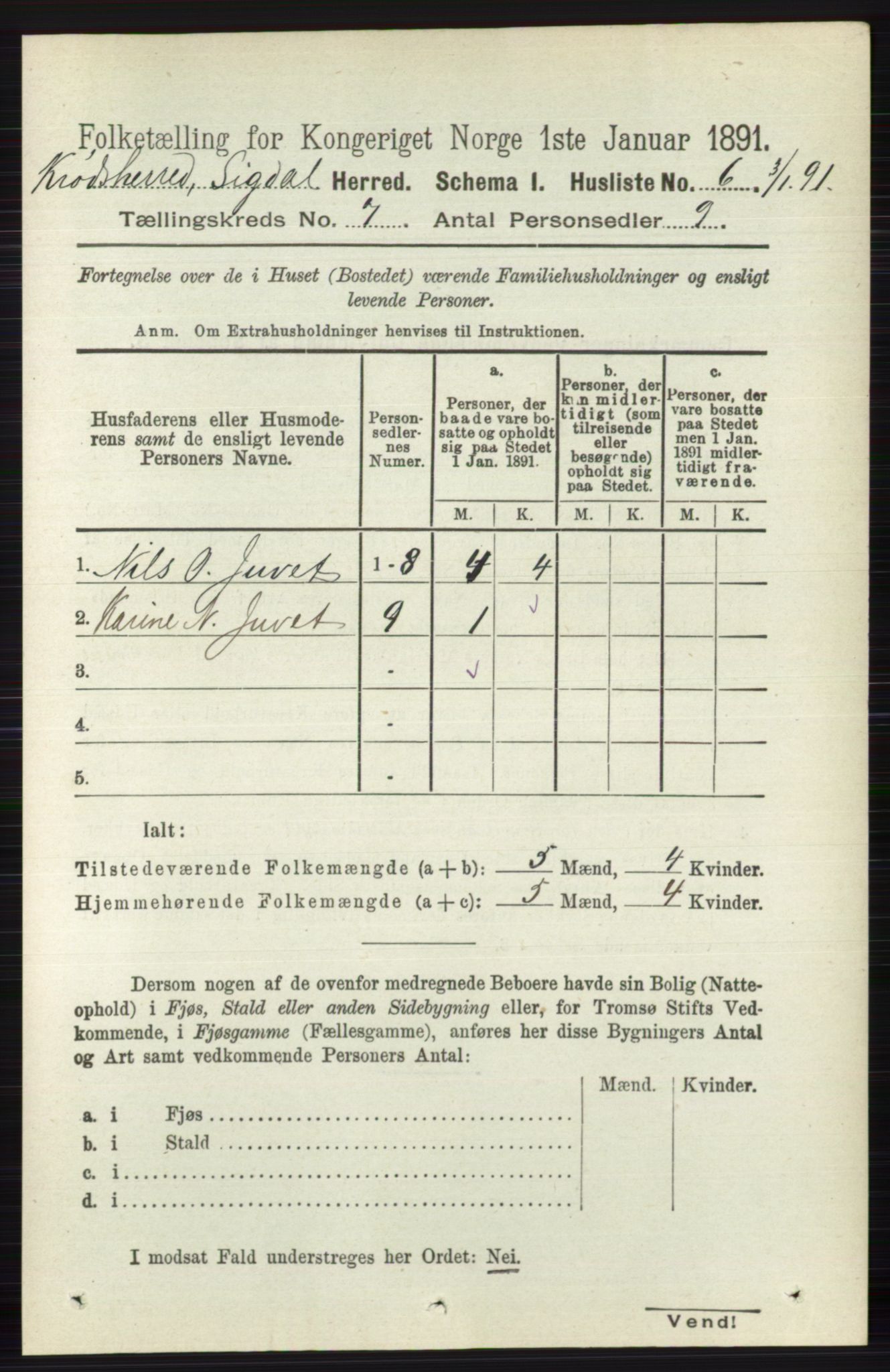 RA, 1891 census for 0621 Sigdal, 1891, p. 6957