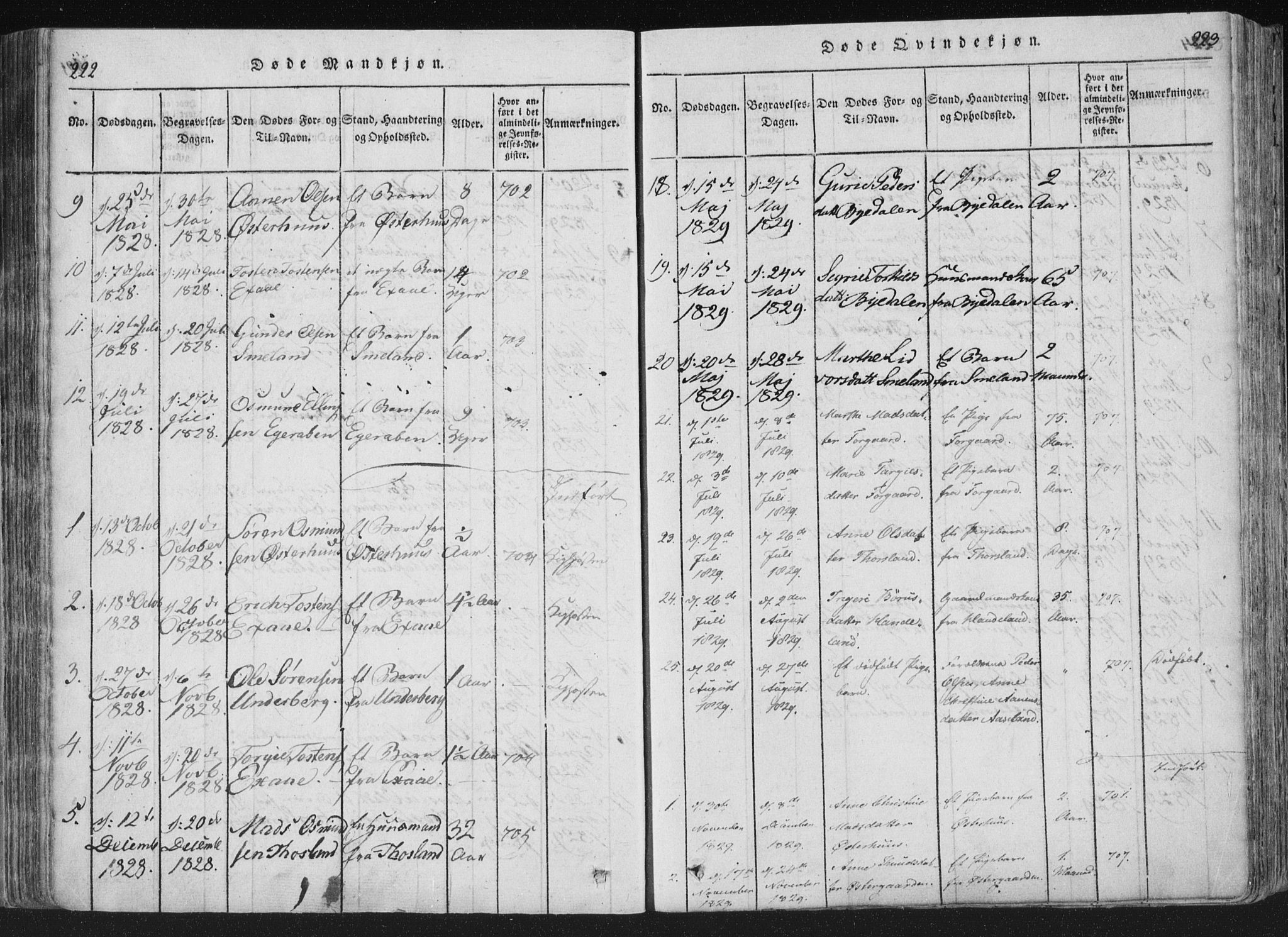 Åseral sokneprestkontor, SAK/1111-0051/F/Fa/L0001: Parish register (official) no. A 1, 1815-1853, p. 222-223