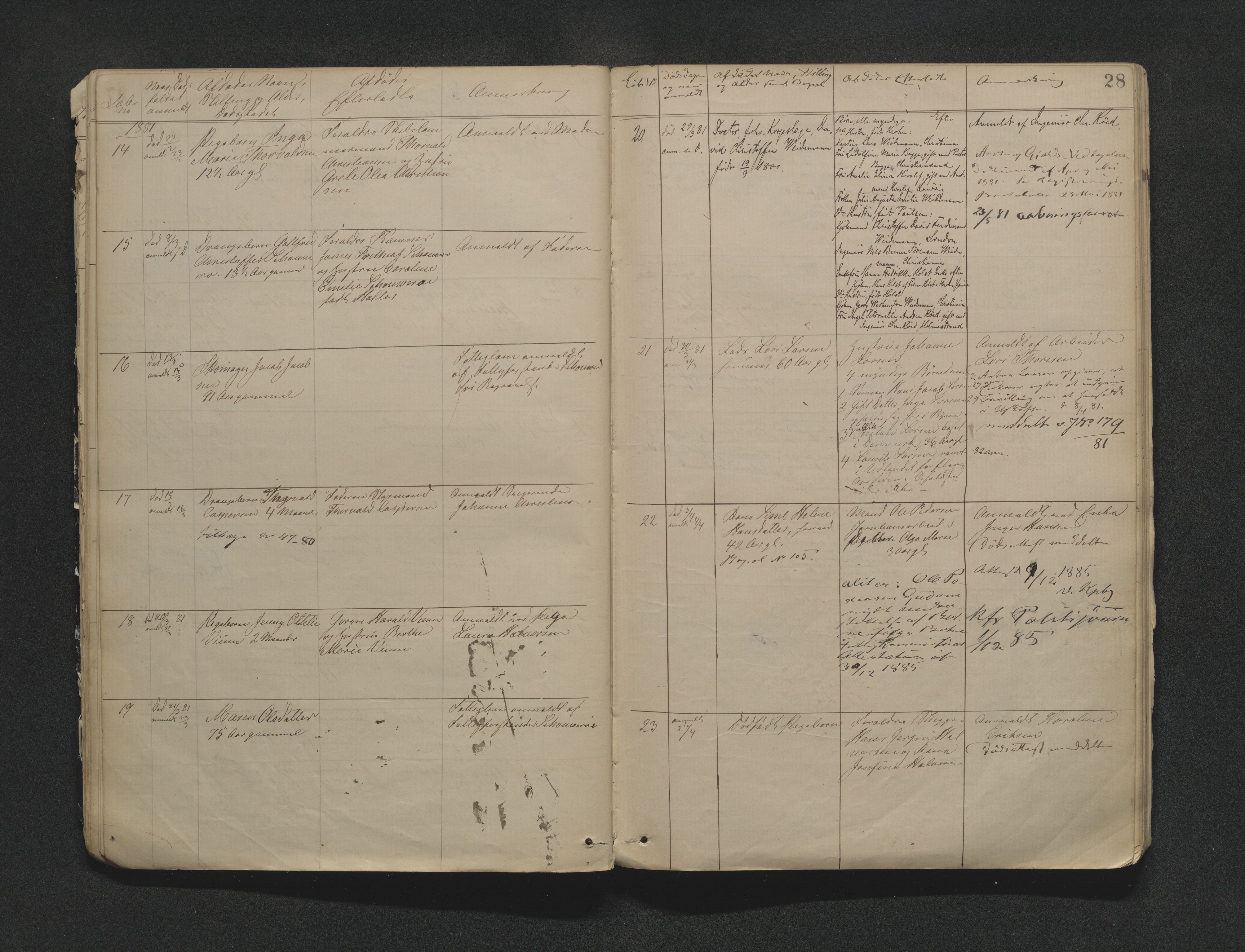 Holmestrand byfogd, AV/SAKO-A-223/H/Ha/L0002: Dødsanmeldelsesprotokoll, 1874-1892, p. 28