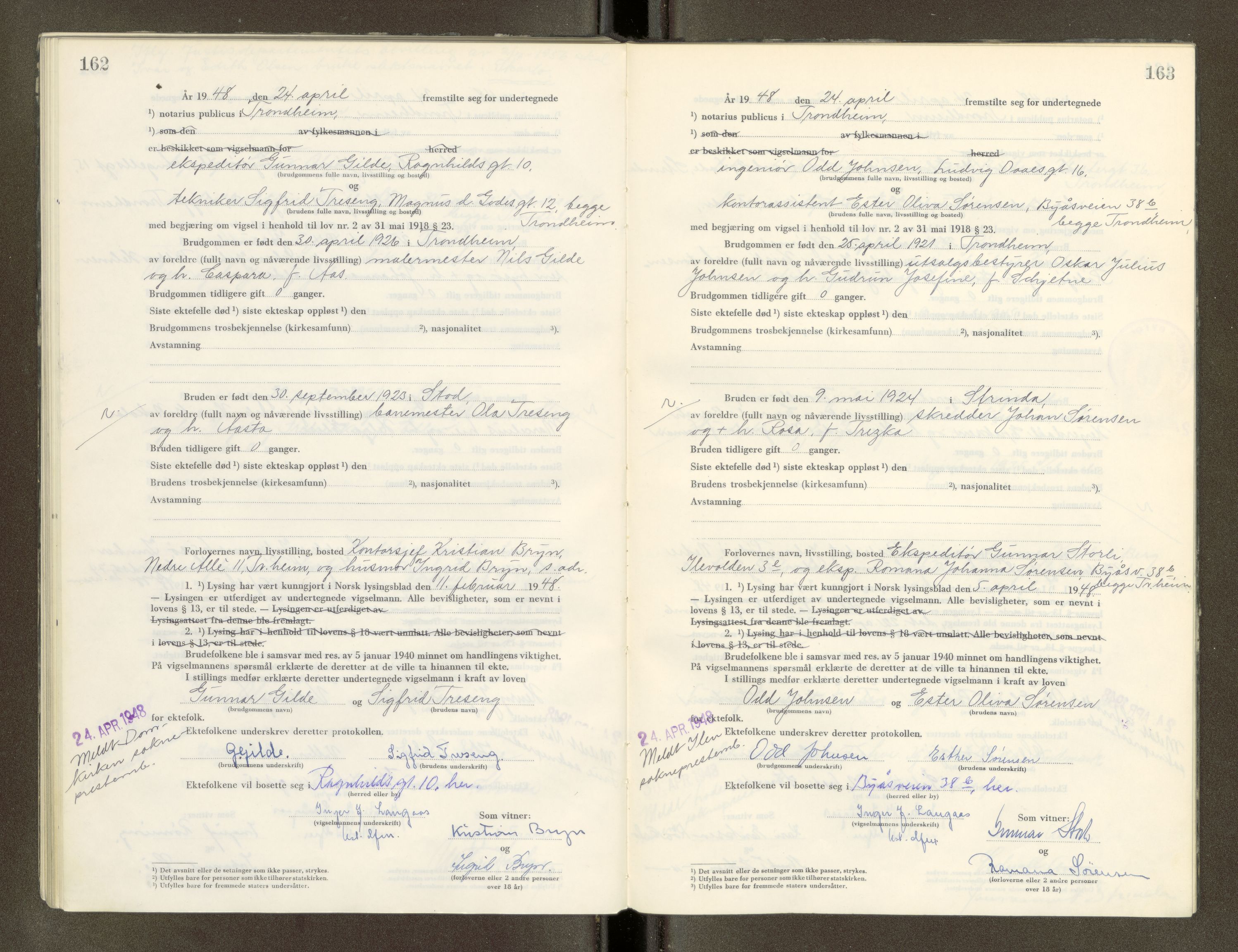 Trondheim byfogd, AV/SAT-A-0003/1/6/6D/L0005: Vigselbøker, 1944-1948, p. 162-163