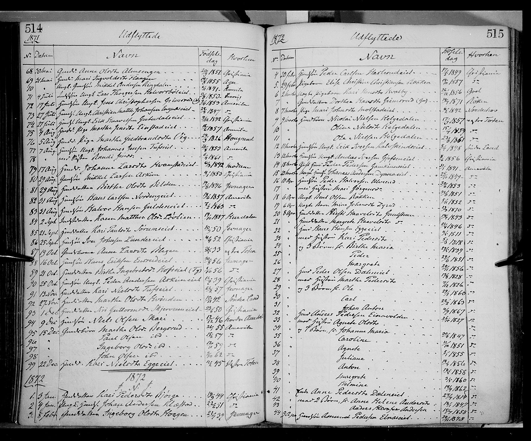 Gran prestekontor, SAH/PREST-112/H/Ha/Haa/L0012: Parish register (official) no. 12, 1856-1874, p. 514-515