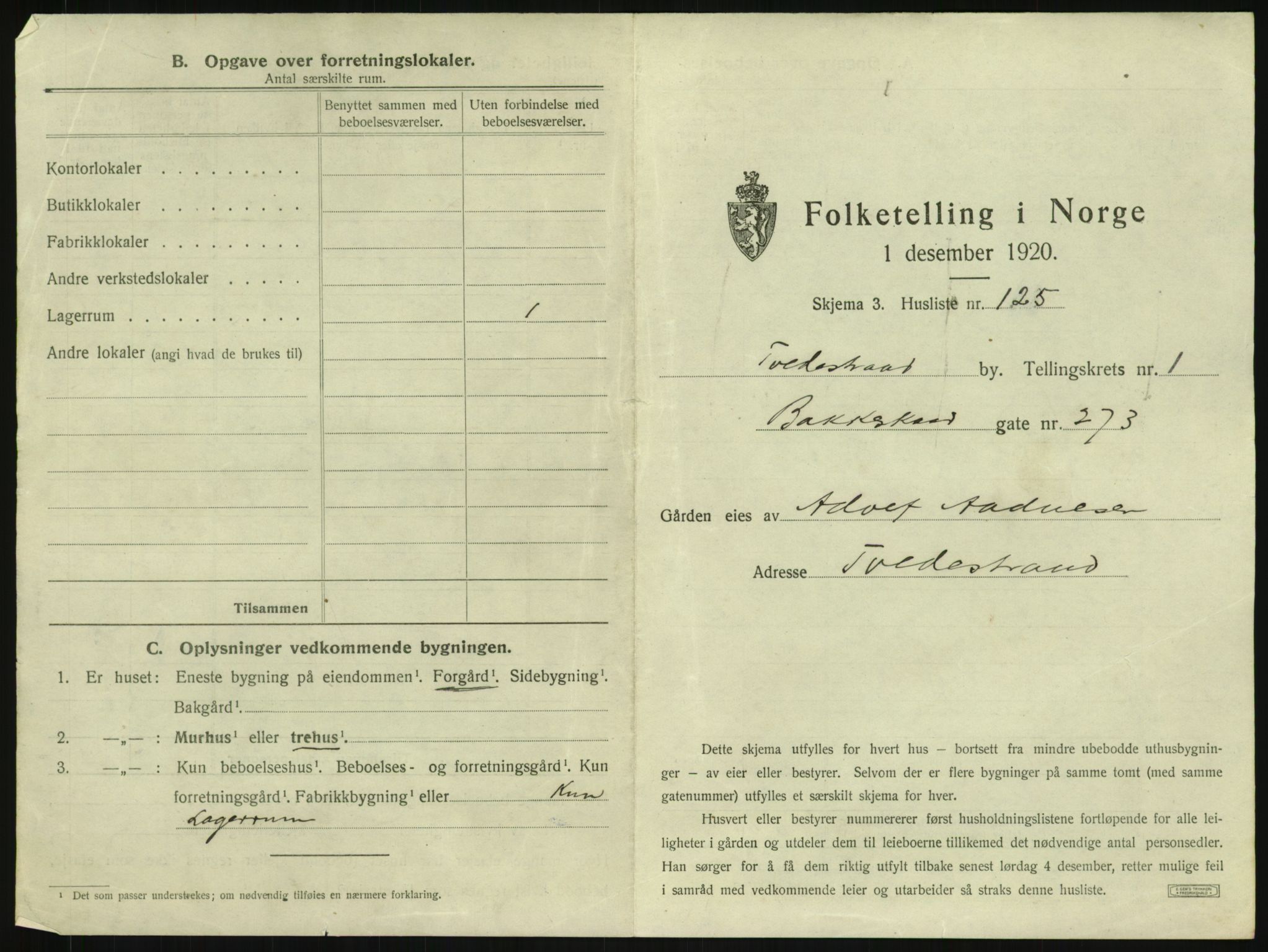 SAK, 1920 census for Tvedestrand, 1920, p. 271