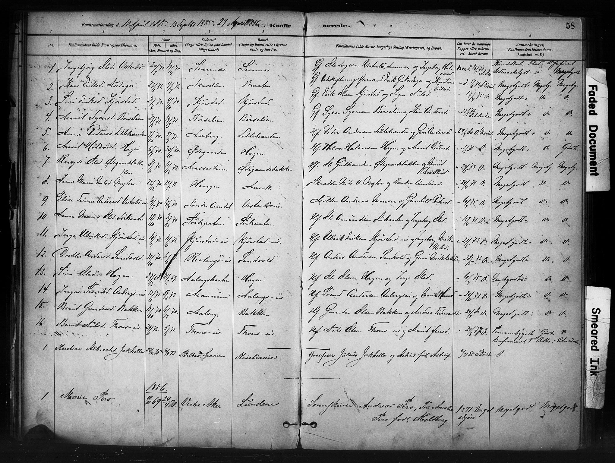 Nord-Aurdal prestekontor, SAH/PREST-132/H/Ha/Haa/L0013: Parish register (official) no. 13, 1883-1895, p. 58