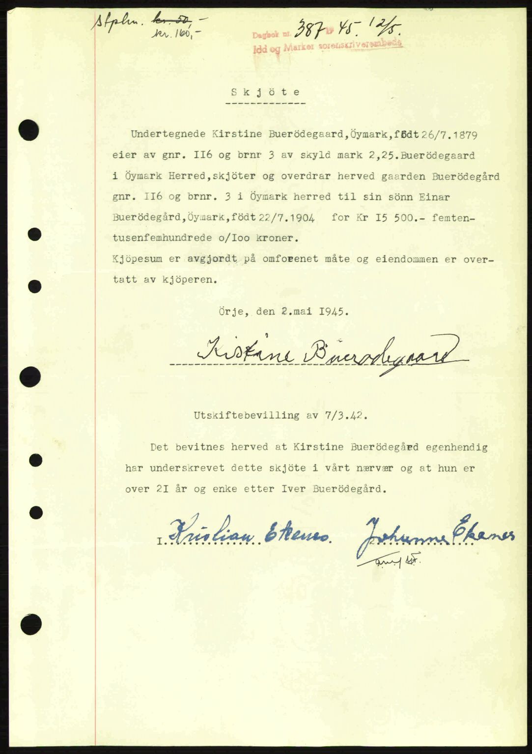 Idd og Marker sorenskriveri, AV/SAO-A-10283/G/Gb/Gbb/L0007: Mortgage book no. A7, 1944-1945, Diary no: : 387/1945