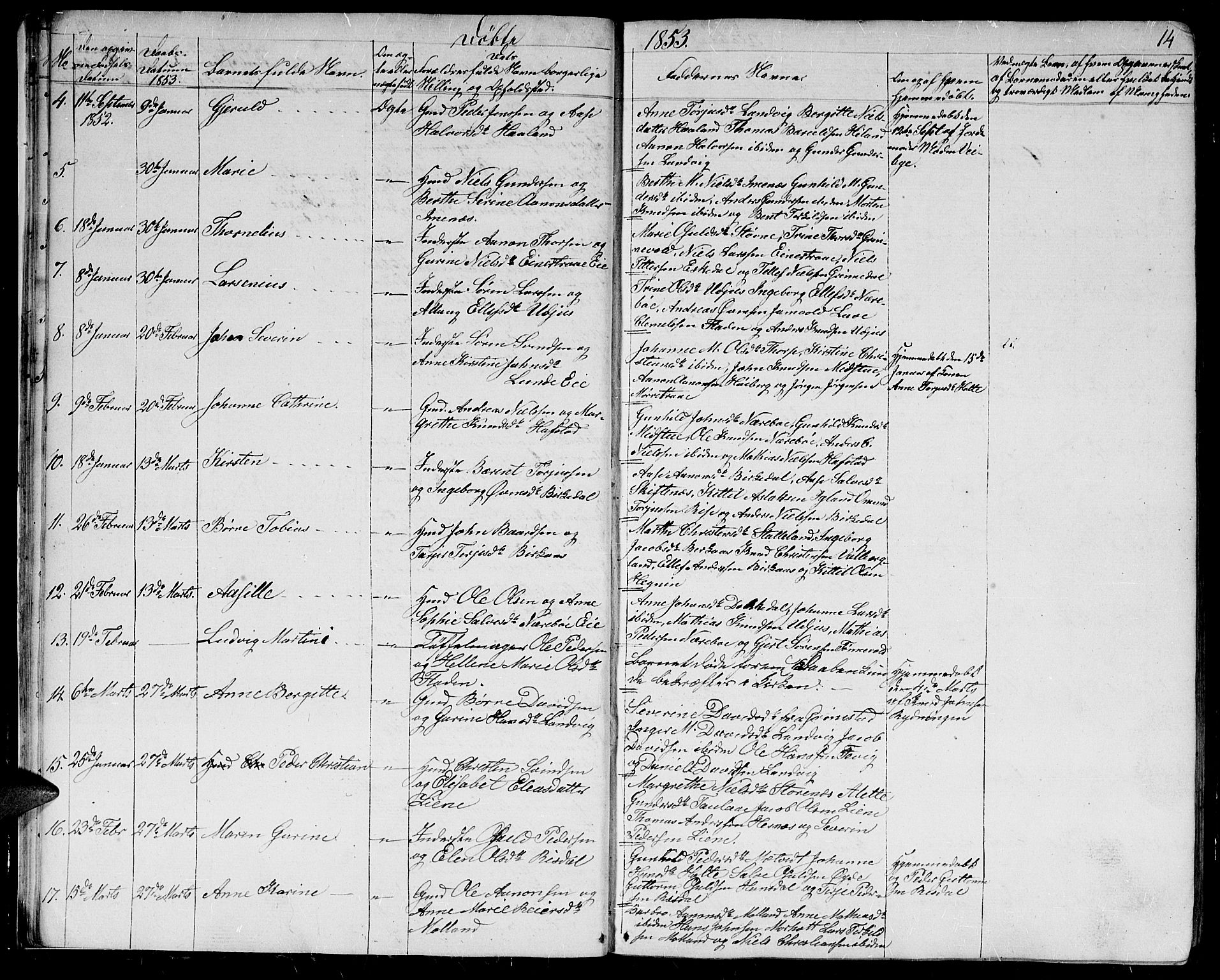 Hommedal sokneprestkontor, SAK/1111-0023/F/Fb/Fbb/L0005: Parish register (copy) no. B 5, 1850-1869, p. 14