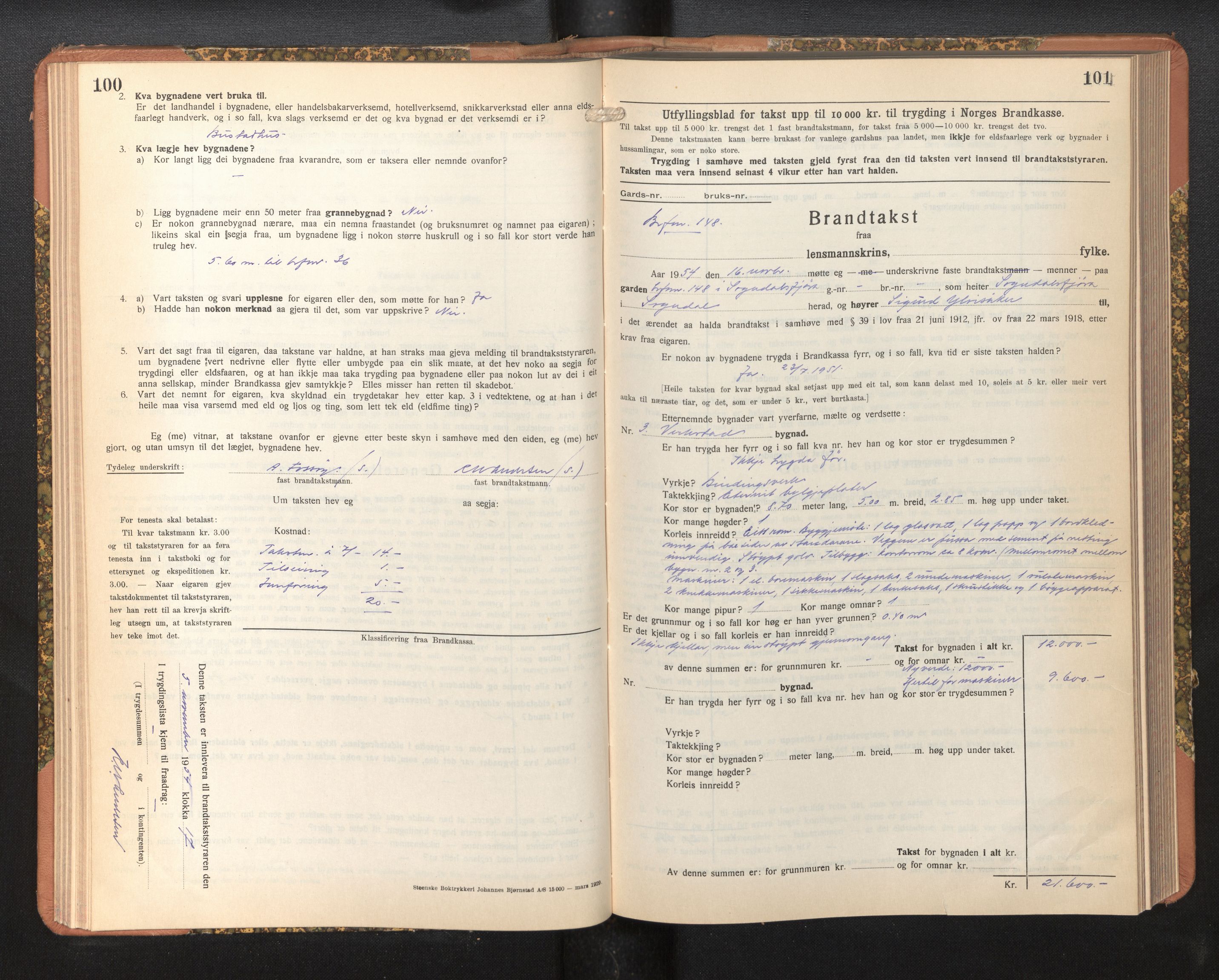 Lensmannen i Sogndal, AV/SAB-A-29901/0012/L0019: Branntakstprotokoll, Sogndalsfjøra, skjematakst, 1944-1954, p. 100-101