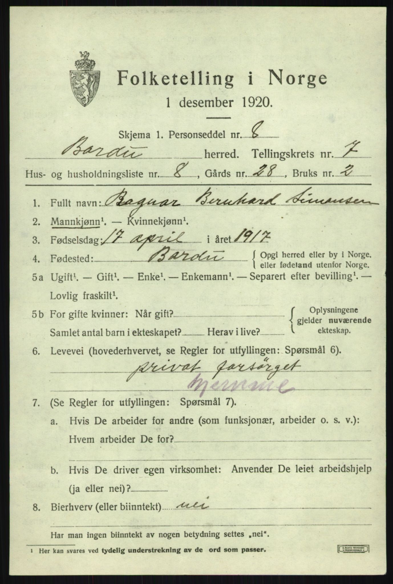 SATØ, 1920 census for Bardu, 1920, p. 2840