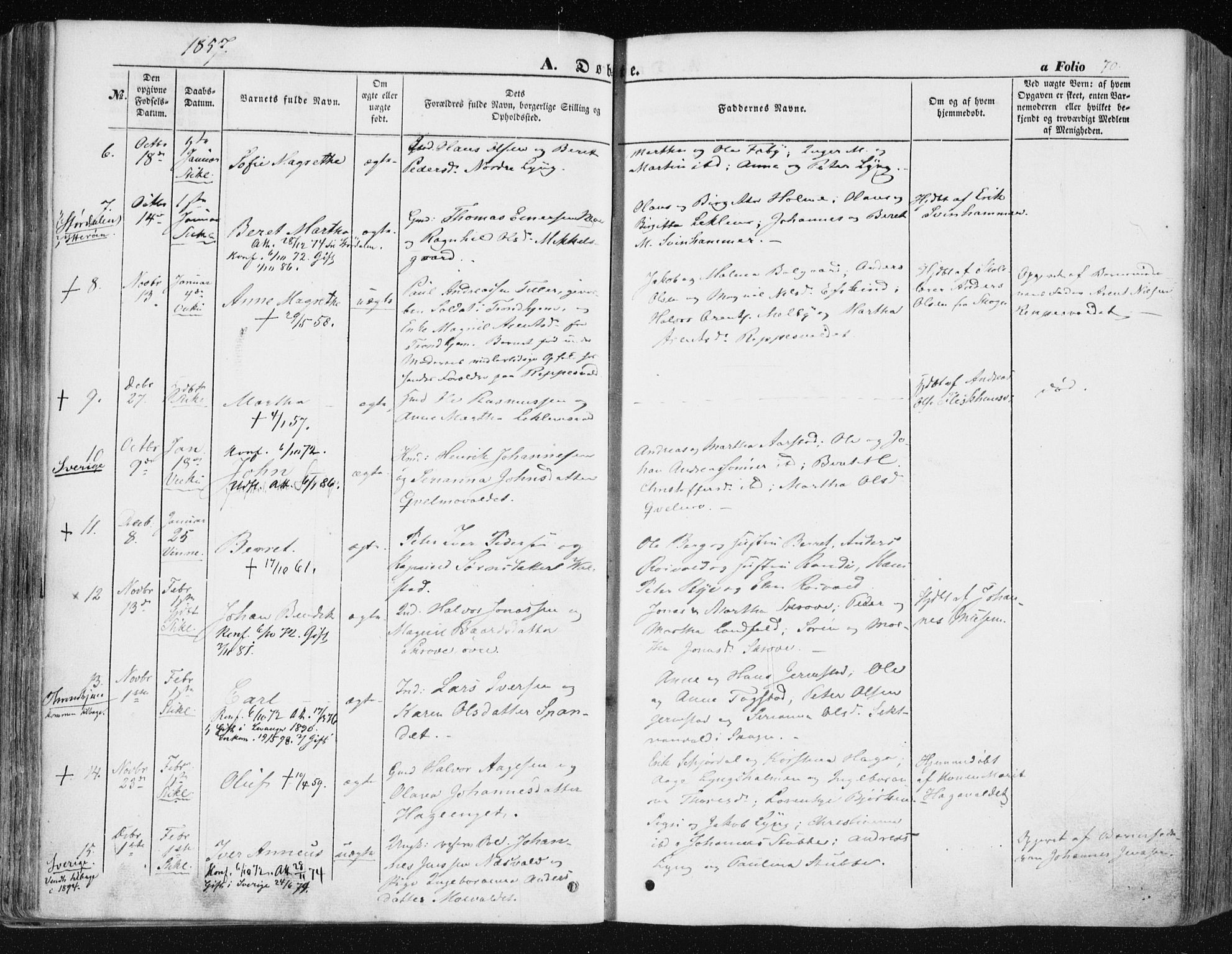 Ministerialprotokoller, klokkerbøker og fødselsregistre - Nord-Trøndelag, AV/SAT-A-1458/723/L0240: Parish register (official) no. 723A09, 1852-1860, p. 70