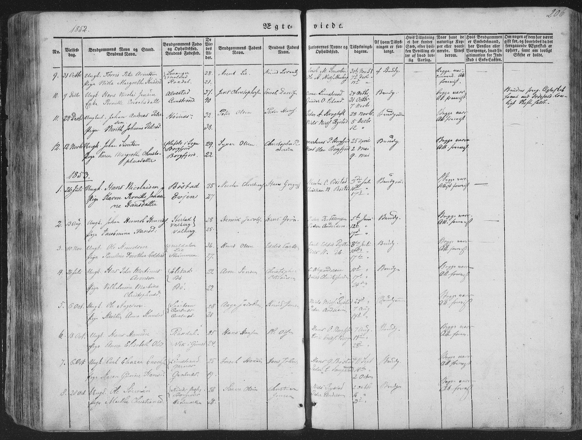 Ministerialprotokoller, klokkerbøker og fødselsregistre - Nordland, AV/SAT-A-1459/880/L1131: Parish register (official) no. 880A05, 1844-1868, p. 206