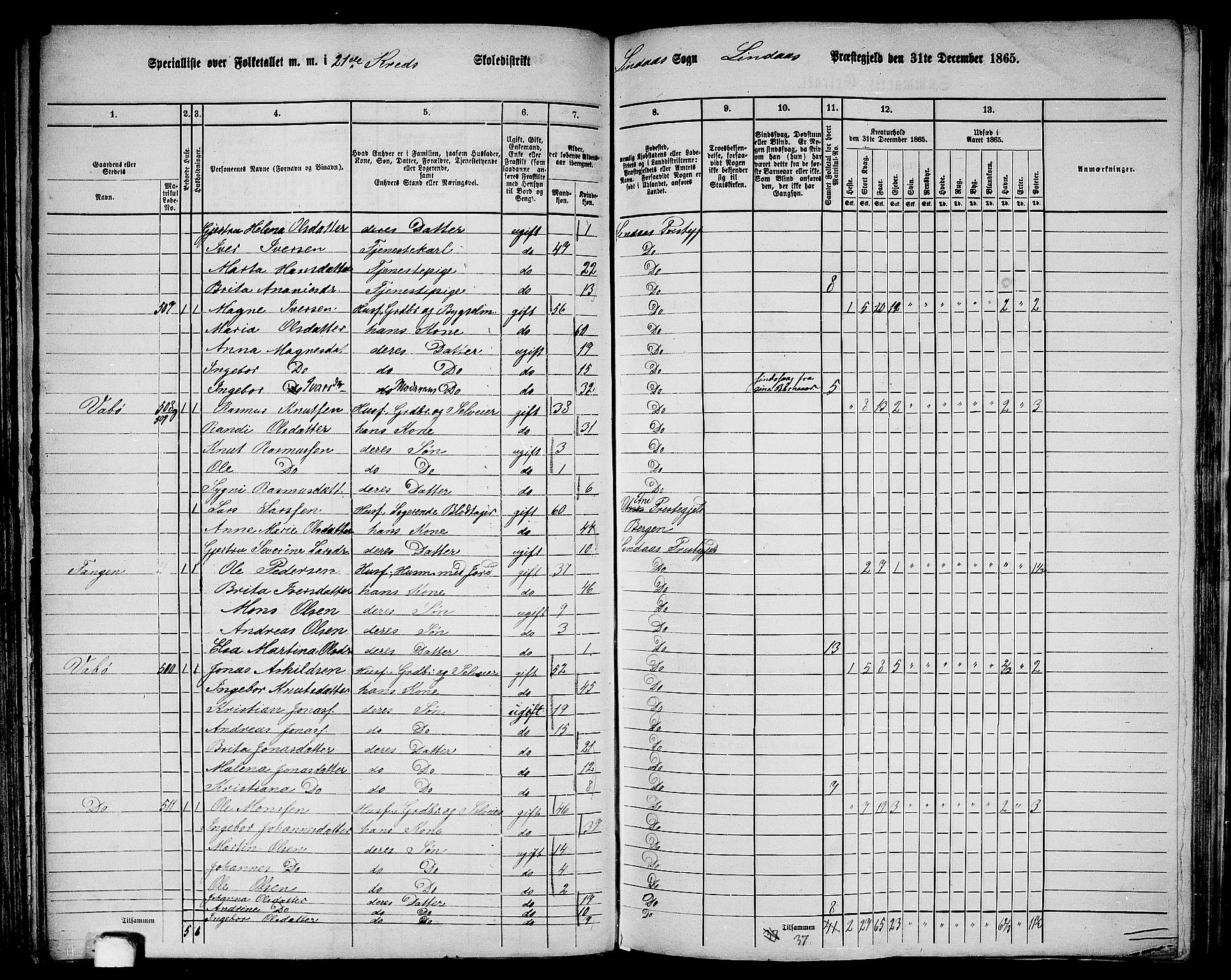 RA, 1865 census for Lindås, 1865, p. 142