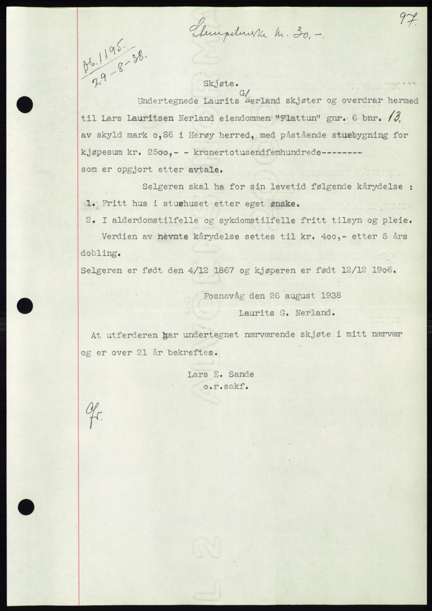Søre Sunnmøre sorenskriveri, AV/SAT-A-4122/1/2/2C/L0066: Mortgage book no. 60, 1938-1938, Diary no: : 1195/1938