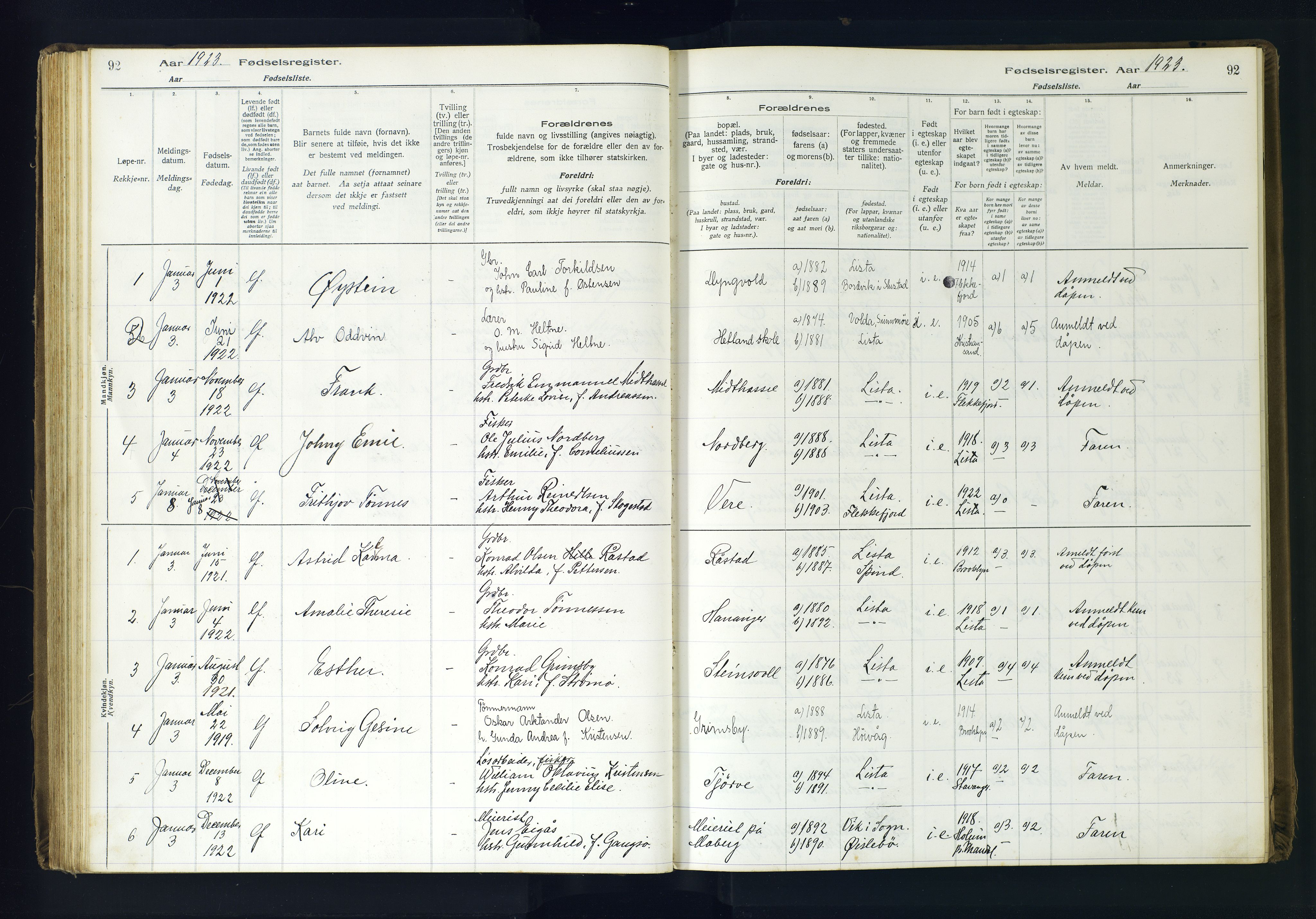 Lista sokneprestkontor, AV/SAK-1111-0027/J/Ja/L0001: Birth register no. A-VI-30, 1916-1934, p. 92