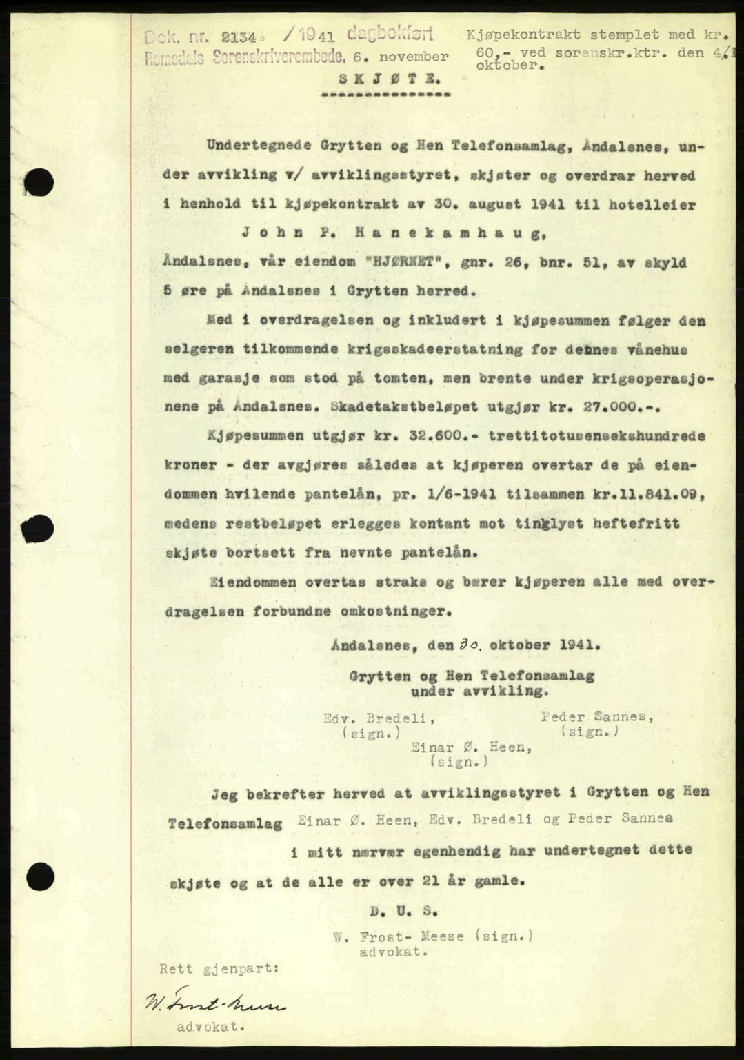 Romsdal sorenskriveri, AV/SAT-A-4149/1/2/2C: Mortgage book no. A11, 1941-1942, Diary no: : 2134/1941