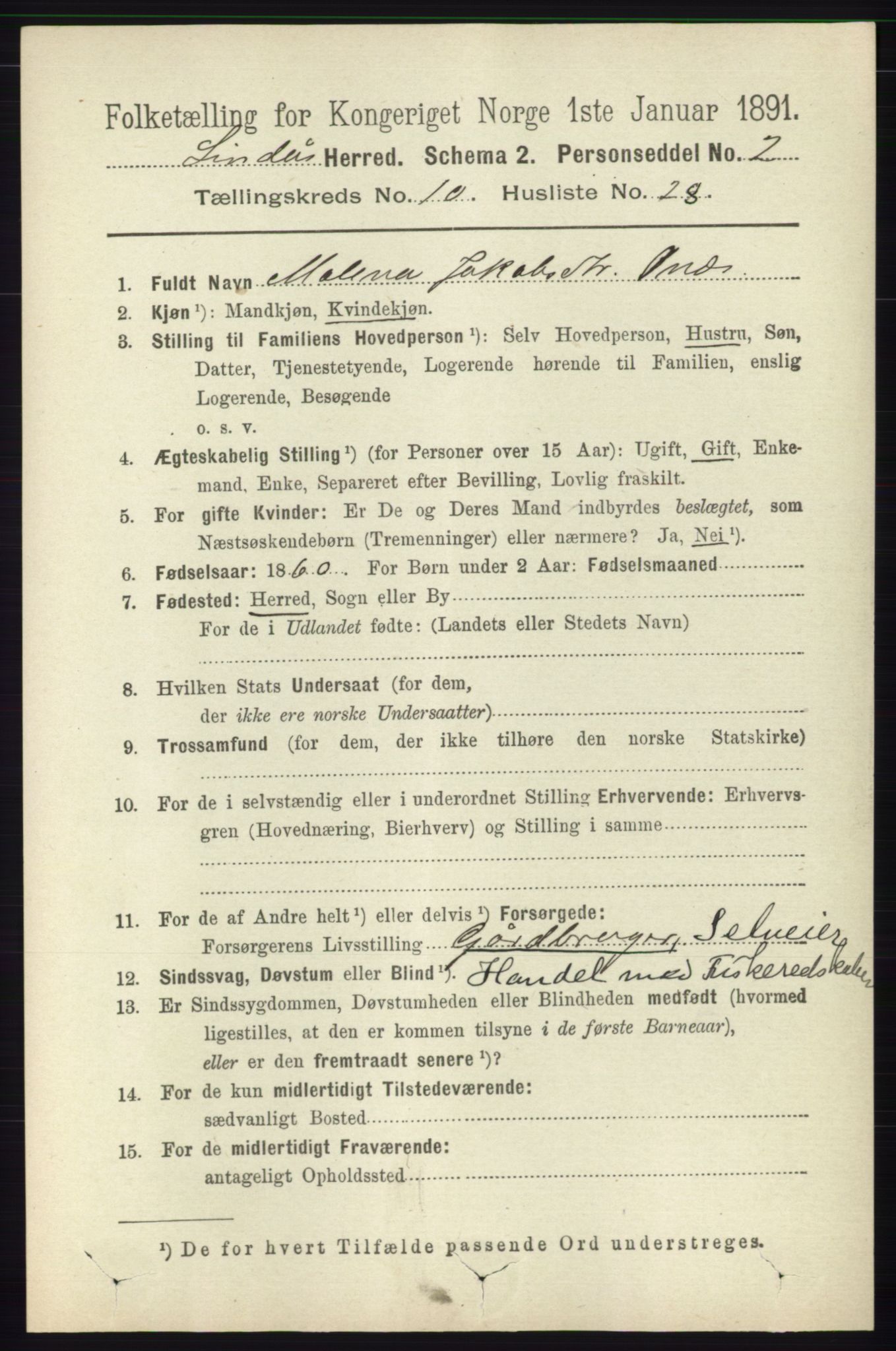 RA, 1891 census for 1263 Lindås, 1891, p. 3603