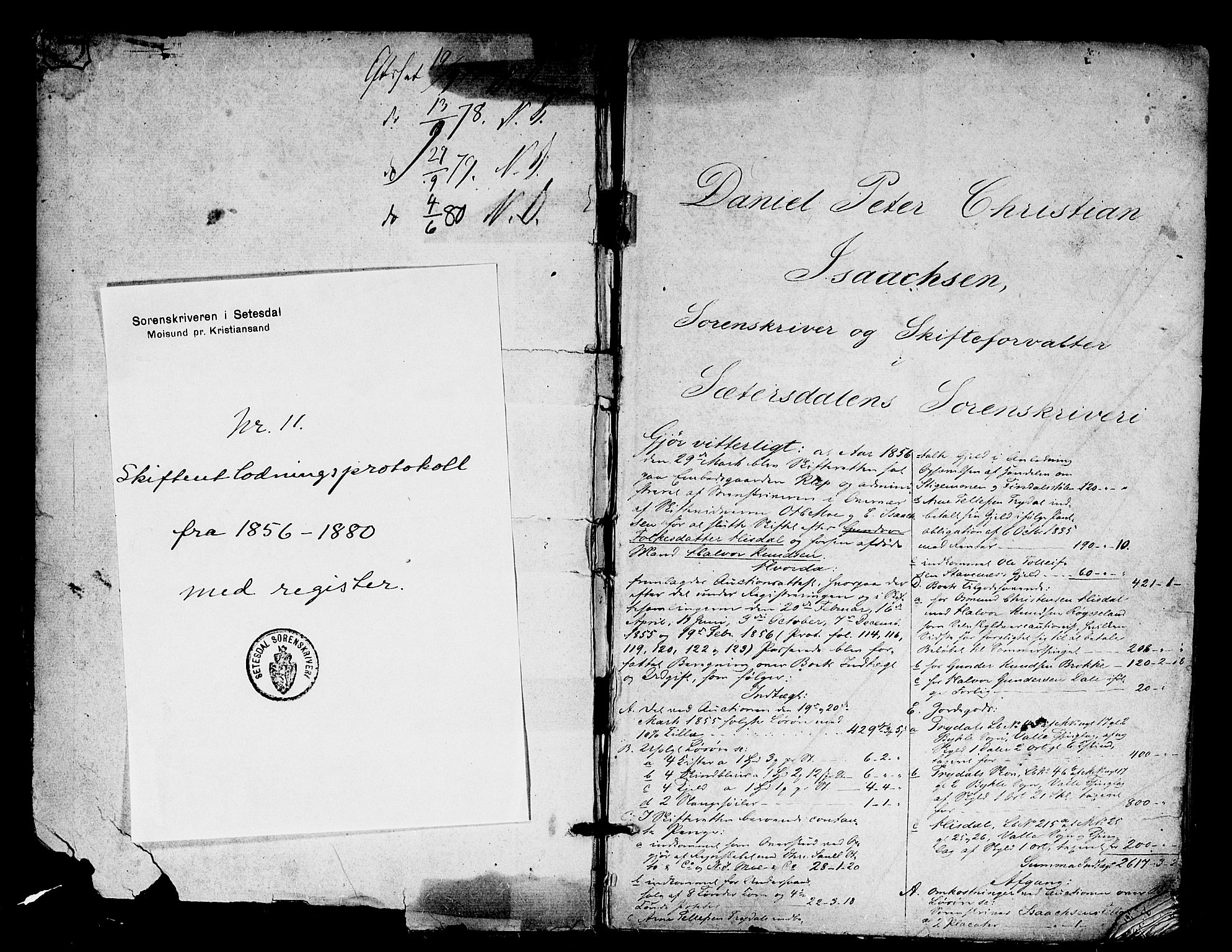 Setesdal sorenskriveri, SAK/1221-0011/H/Hc/L0047: Skifteutlodningsprotokoll nr 1, med register, 1856-1880, p. 0b-1a