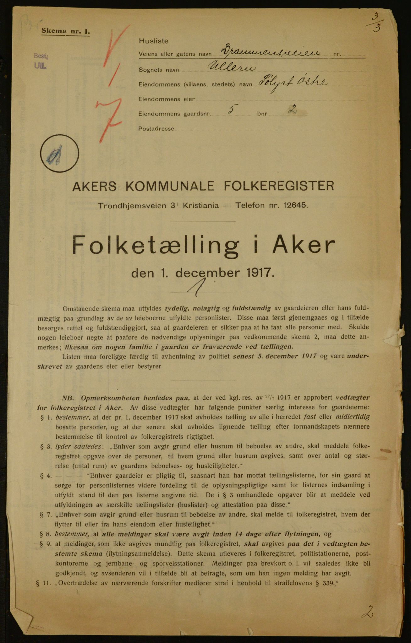 OBA, Municipal Census 1917 for Aker, 1917, p. 3012