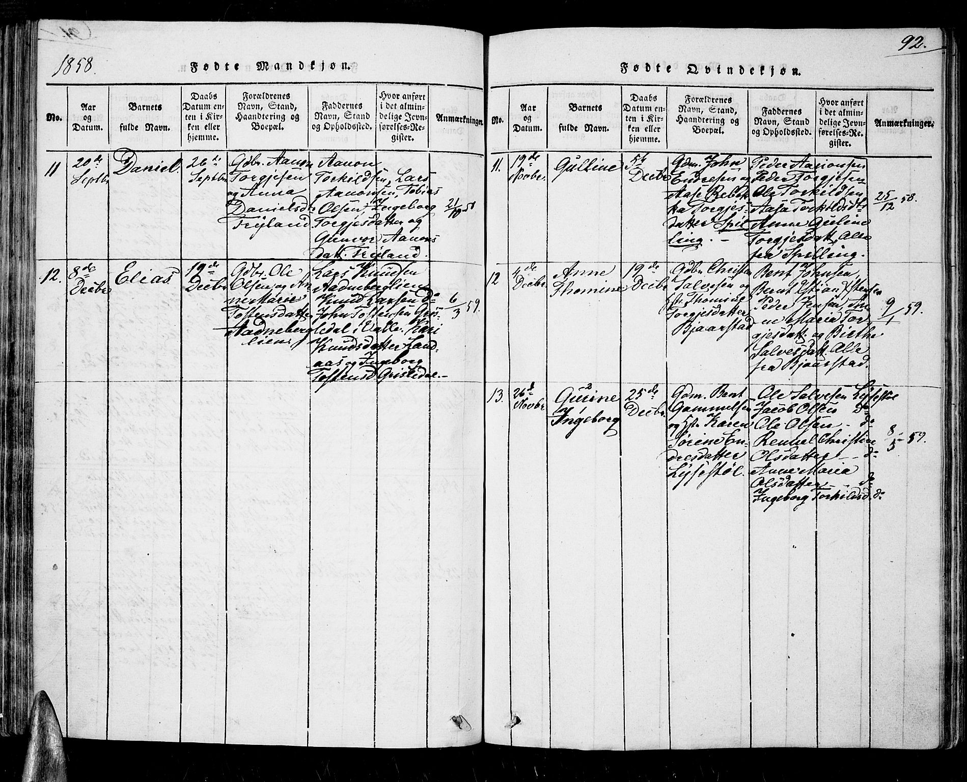 Nord-Audnedal sokneprestkontor, SAK/1111-0032/F/Fa/Fab/L0001: Parish register (official) no. A 1, 1816-1858, p. 92