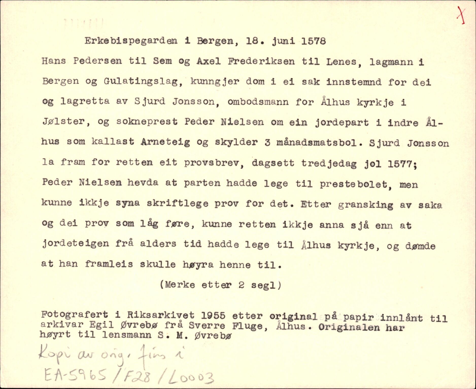 Riksarkivets diplomsamling, AV/RA-EA-5965/F35/F35d/L0001: Innlånte diplomer, seddelregister, 1316-1591, p. 447